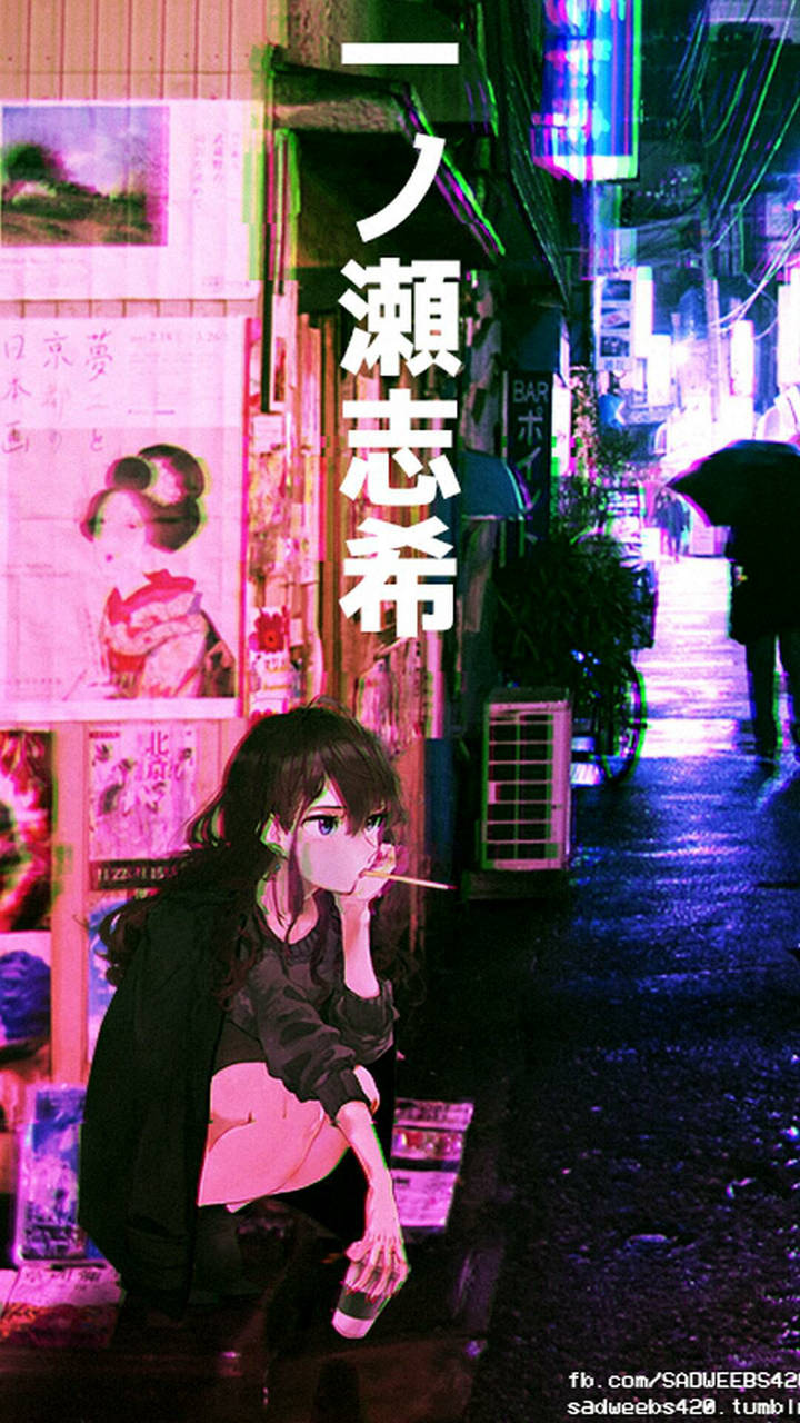 動漫女孩 桌布 壁紙 — 一個孤獨的動畫女孩在霓虹燈閃爍、下雨的東京小巷中，在發光的招牌和海報下抽煙。