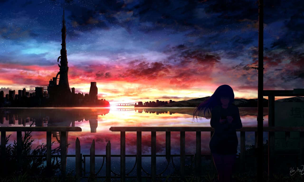 1280x768 桌布 壁紙 — 一個孤獨的動畫女孩在黃昏時分站在欄杆旁，凝視著星空下水中倒映的城市天際線。
