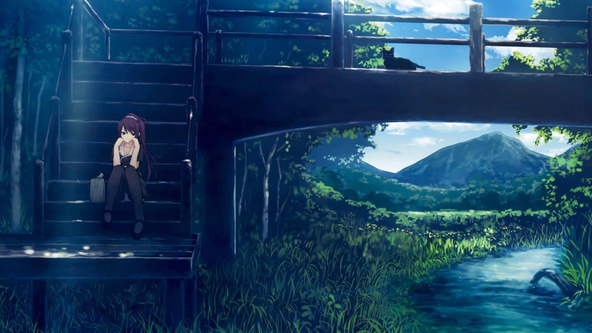 Beautiful Sad Anime 桌布 壁紙 — 一個孤獨的動畫女孩坐在橋下的木樓梯上，陽光穿過樹木，照在寧靜的河流和遠處的山上。