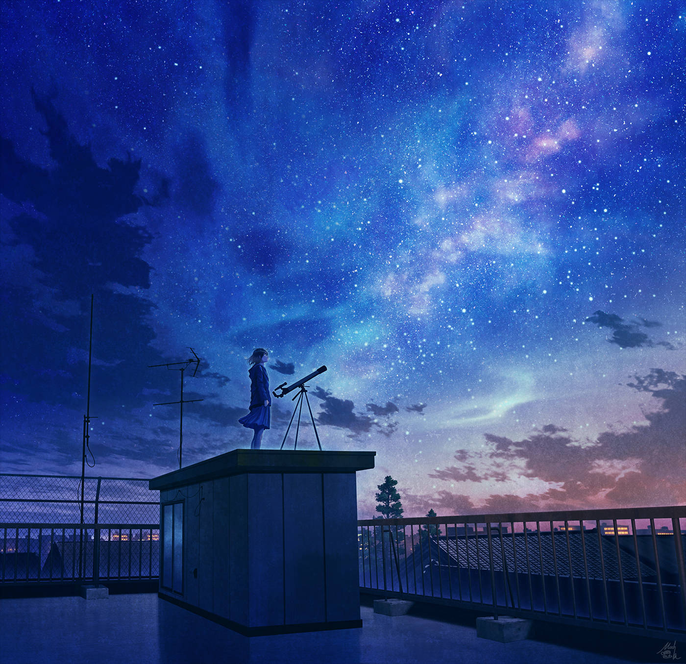 夜空 桌布 壁紙 — 一個孤獨的動畫女孩夜晚站在屋頂上，透過望遠鏡凝視著充滿發光星雲的 vibrant 星空。