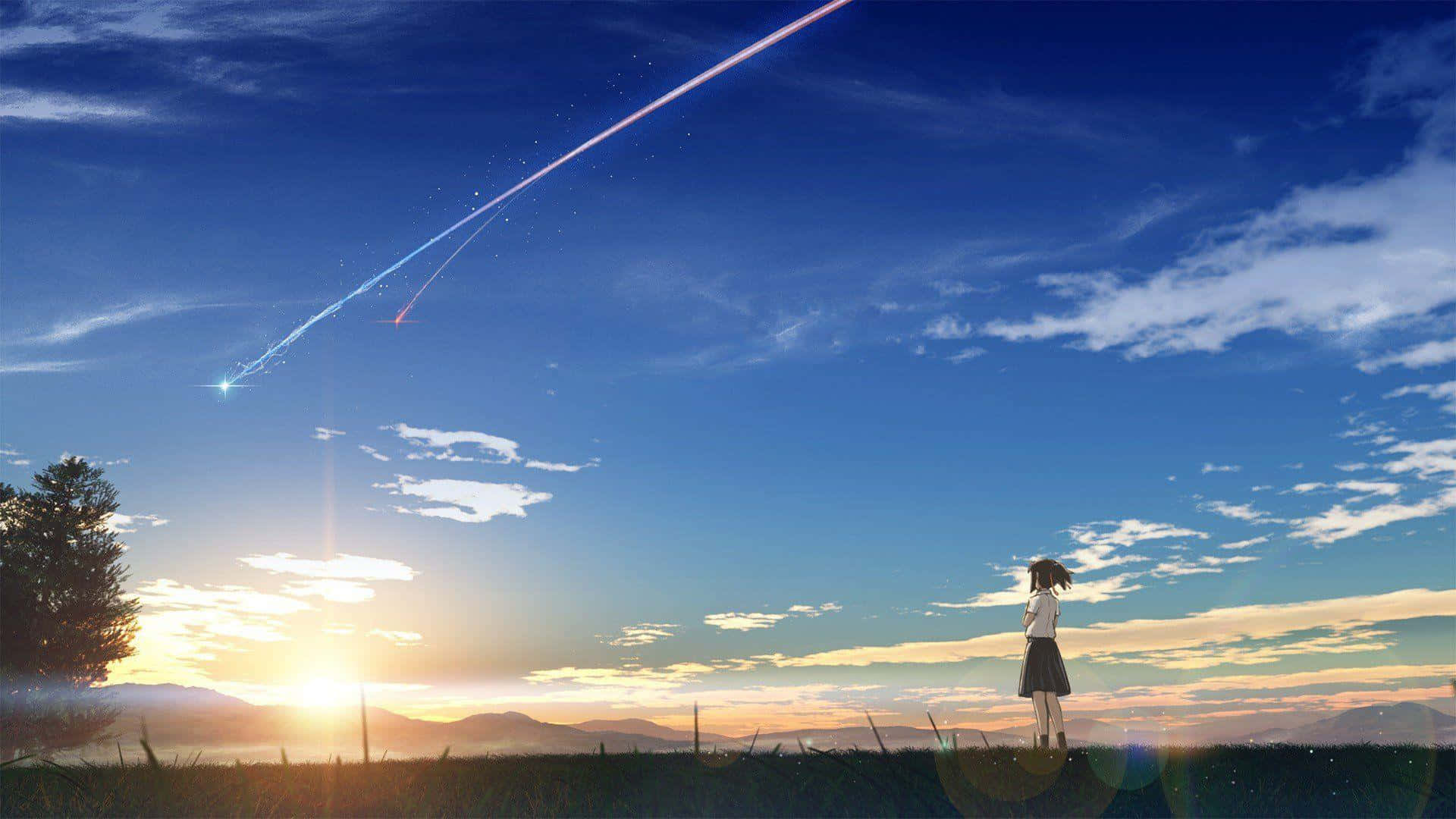 Makoto Shinkai 桌布 壁紙 — 一個孤獨的動畫女孩站在夕陽下的草地上，看著一顆明亮的流星劃過深藍色的天空。