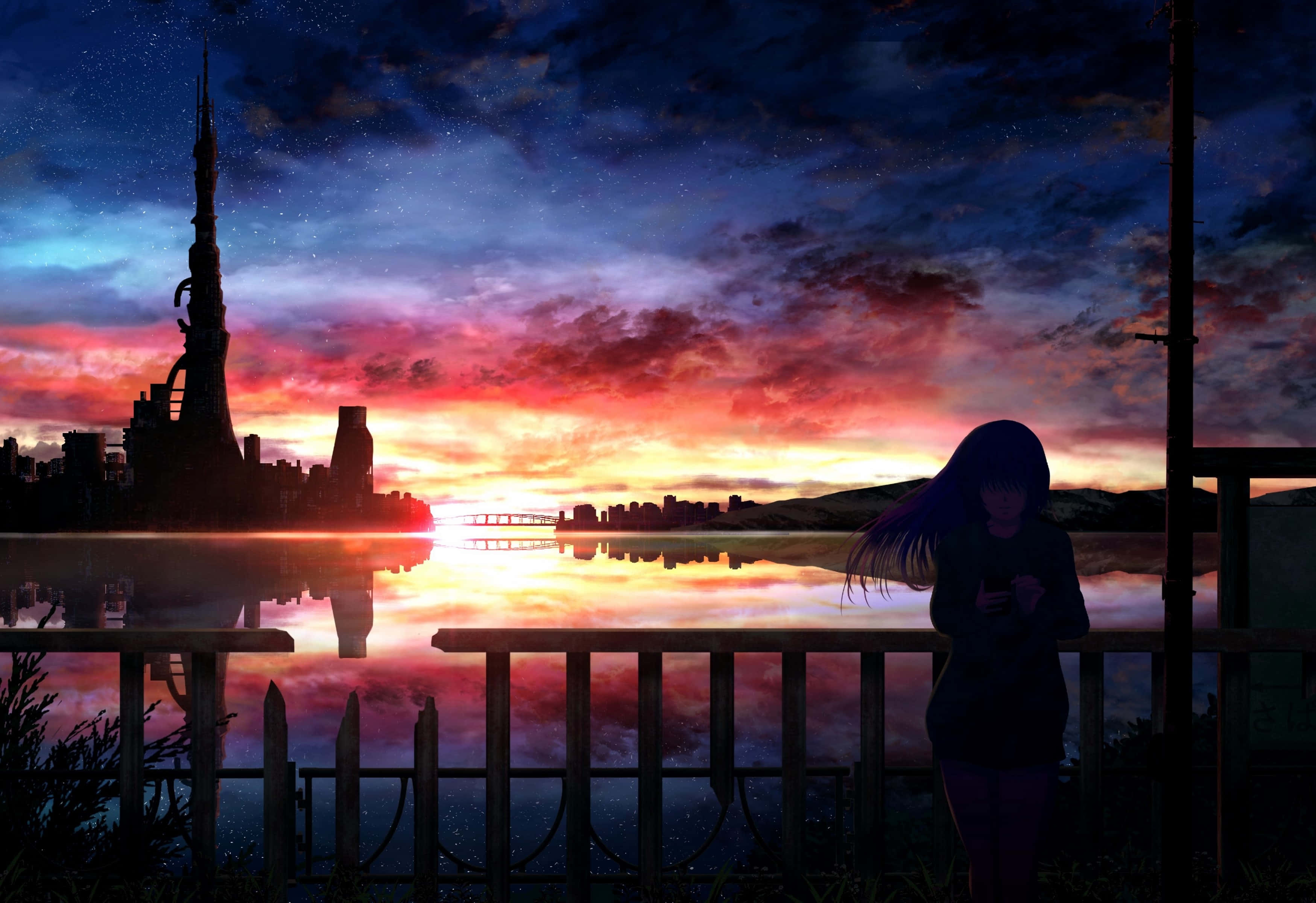 Anime Sunset 桌布 壁紙 — 一個孤獨的動畫女孩站在欄杆旁，看著平靜水面上倒映著的未來城市景觀上充滿活力的日落。