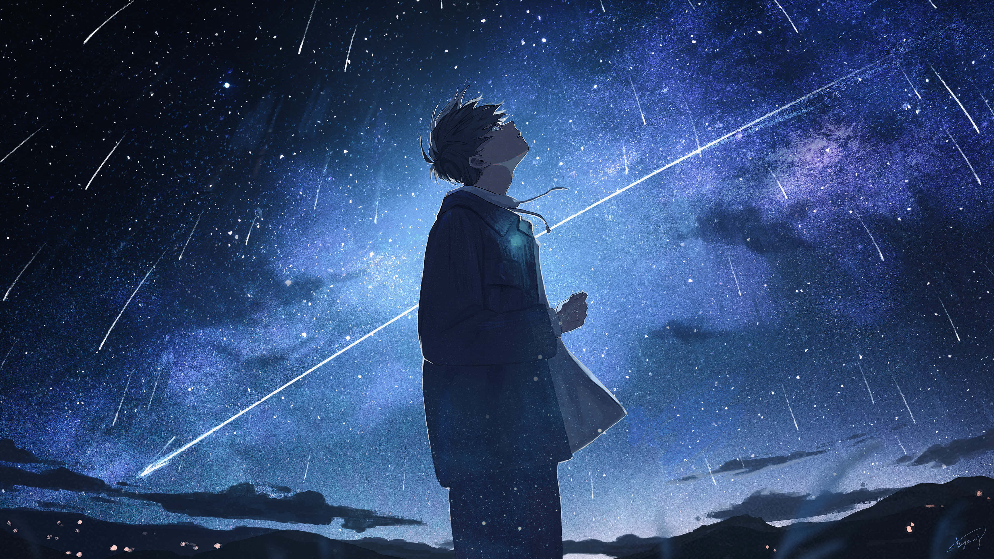 Cool Anime Blue 桌布 壁紙 — 一個孤獨的動畫男孩仰望星空，驚奇地看著流星劃過充滿活力的藍色星空。