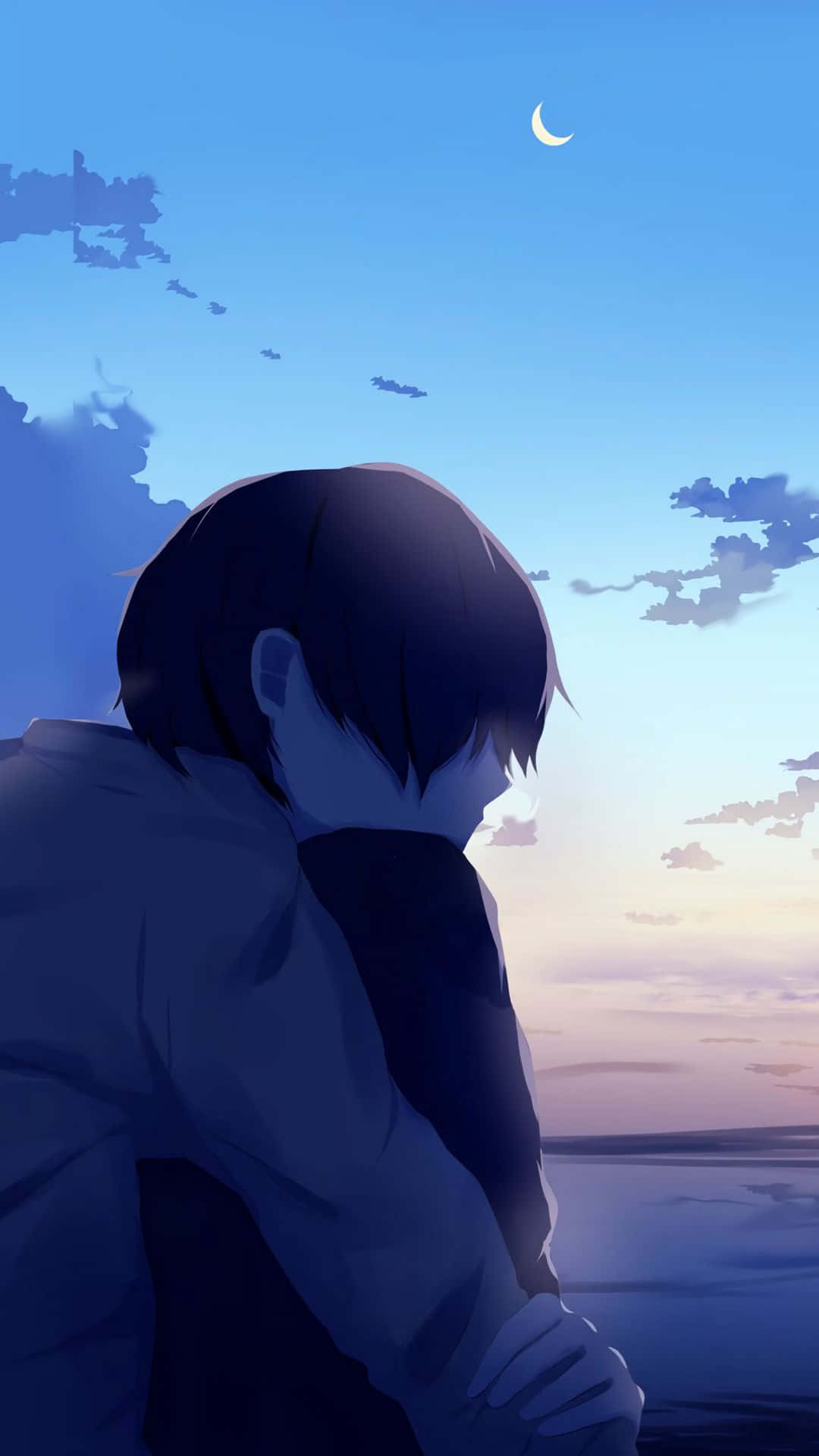 Sad Anime Death 桌布 壁紙 — 一個孤獨的動畫男孩凝視著暮色天空下平靜海洋上的一彎新月。