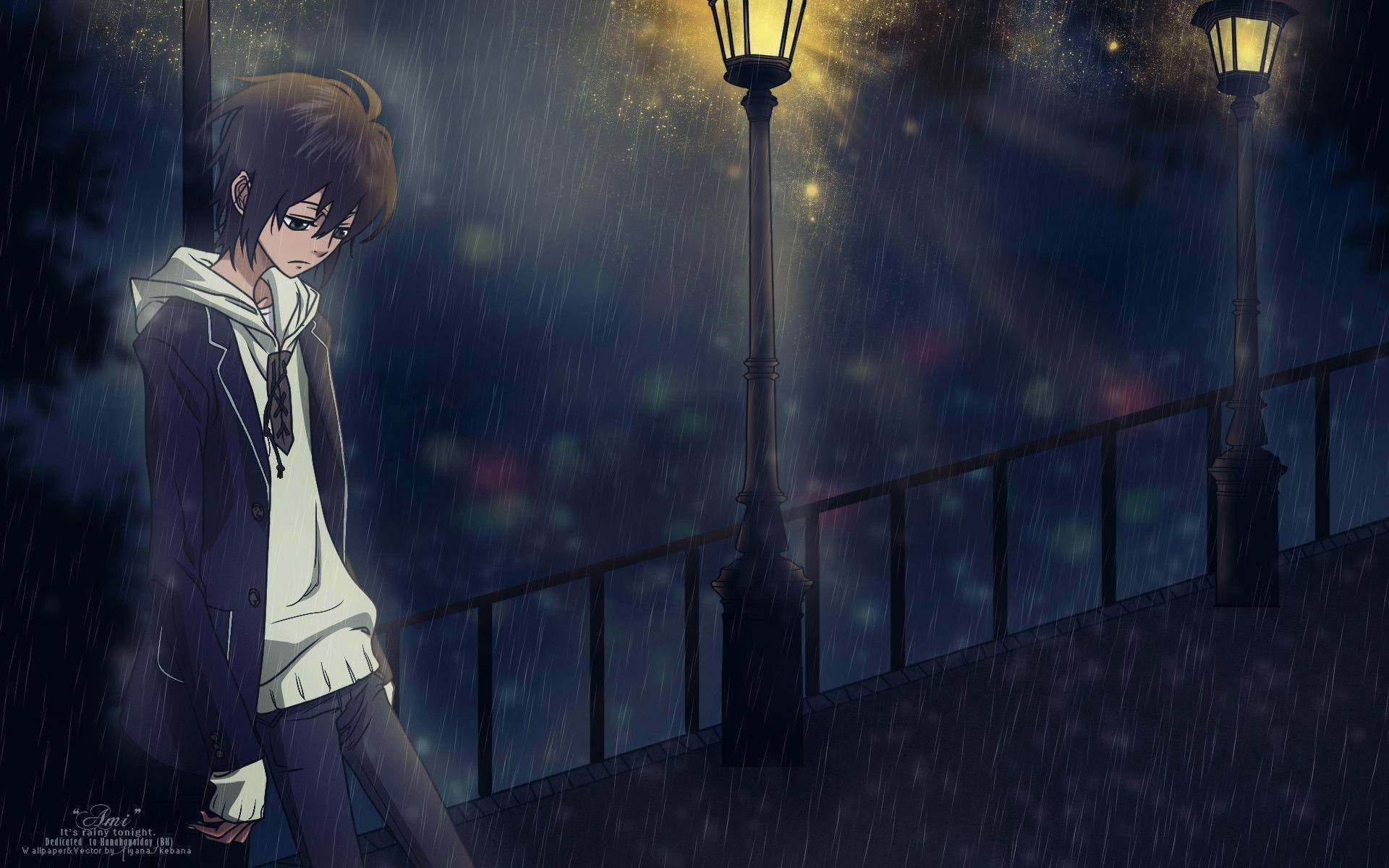 Nightcore 桌布 壁紙 — 一個孤獨的動畫男孩在漆黑的夜晚走在被雨水打濕的路燈下，發光的散景燈光在潮濕的空氣中閃爍。