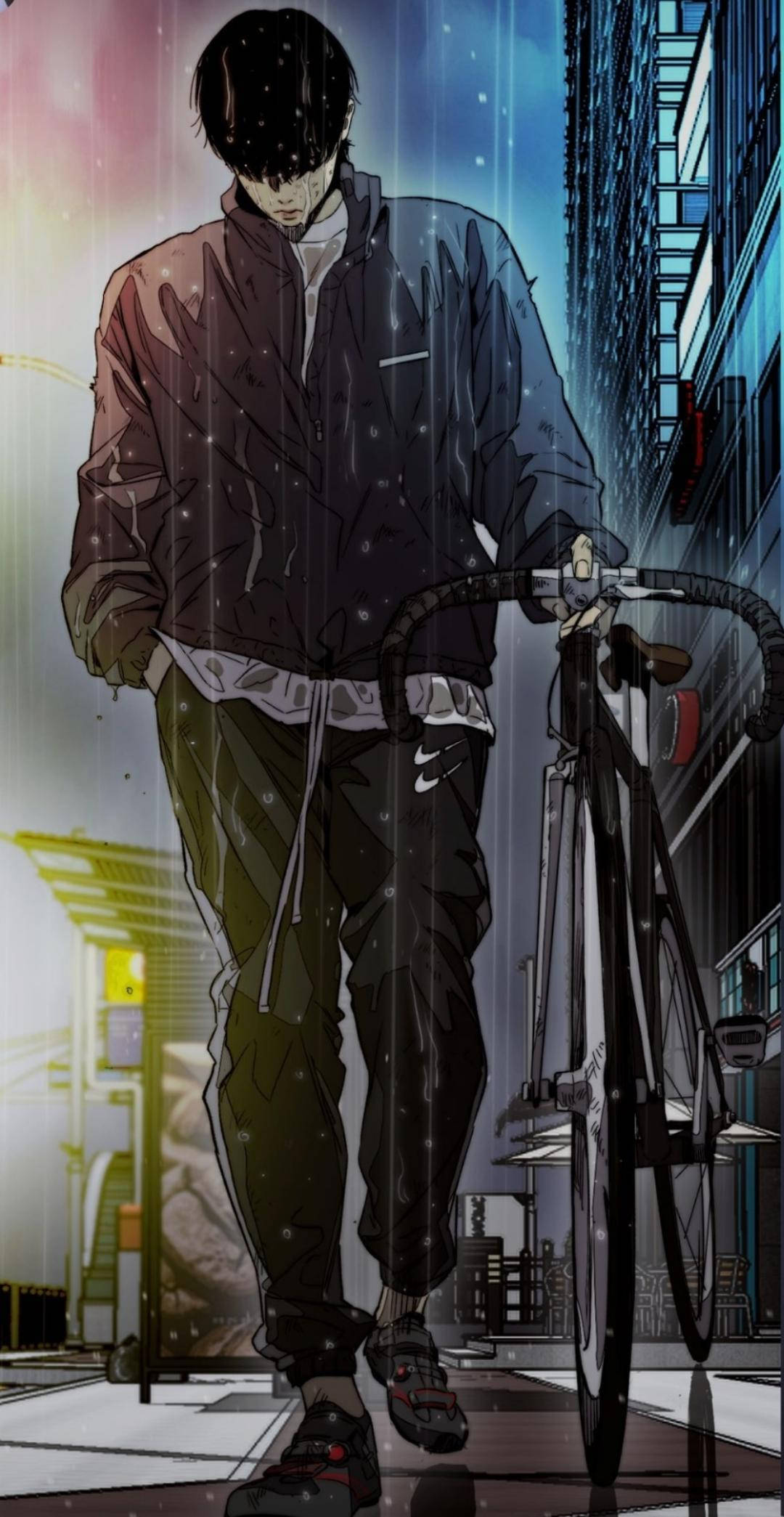 jay jo 桌布 壁紙 — 一個孤獨的動畫男孩在閃爍的霓虹燈下，推著腳踏車走過雨中的城市小巷。
