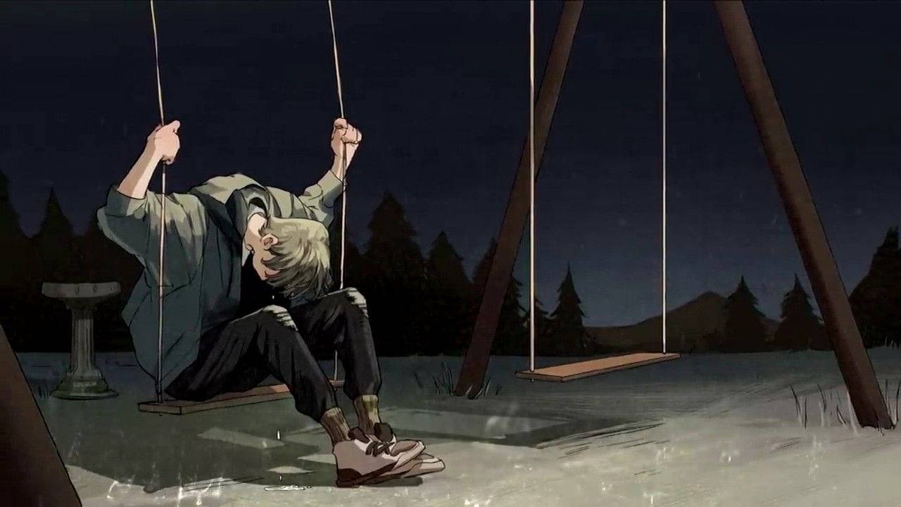 桌布 壁紙 — 一個孤獨的動畫男孩在雪夜的森林中坐在鞦韆上，在星空下低頭沉思，享受寂靜的孤獨。