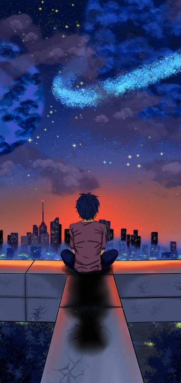 動畫男孩坐在屋頂上，在星空下俯瞰暮色中發光的城市。 — 孤獨男孩 動漫 壁紙