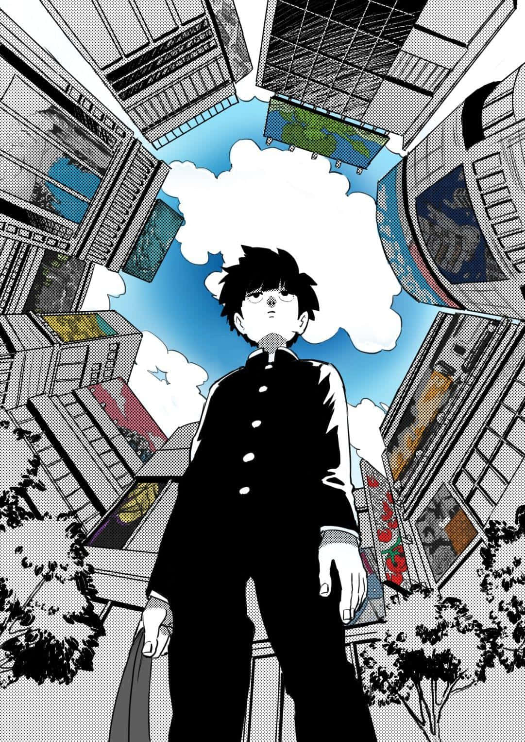 動漫 桌布 壁紙 — 一個孤獨的動畫男孩穿著黑色制服，站在雲層天空下，被高聳傾斜的建築物包圍，形成一個風格化的城市景觀。