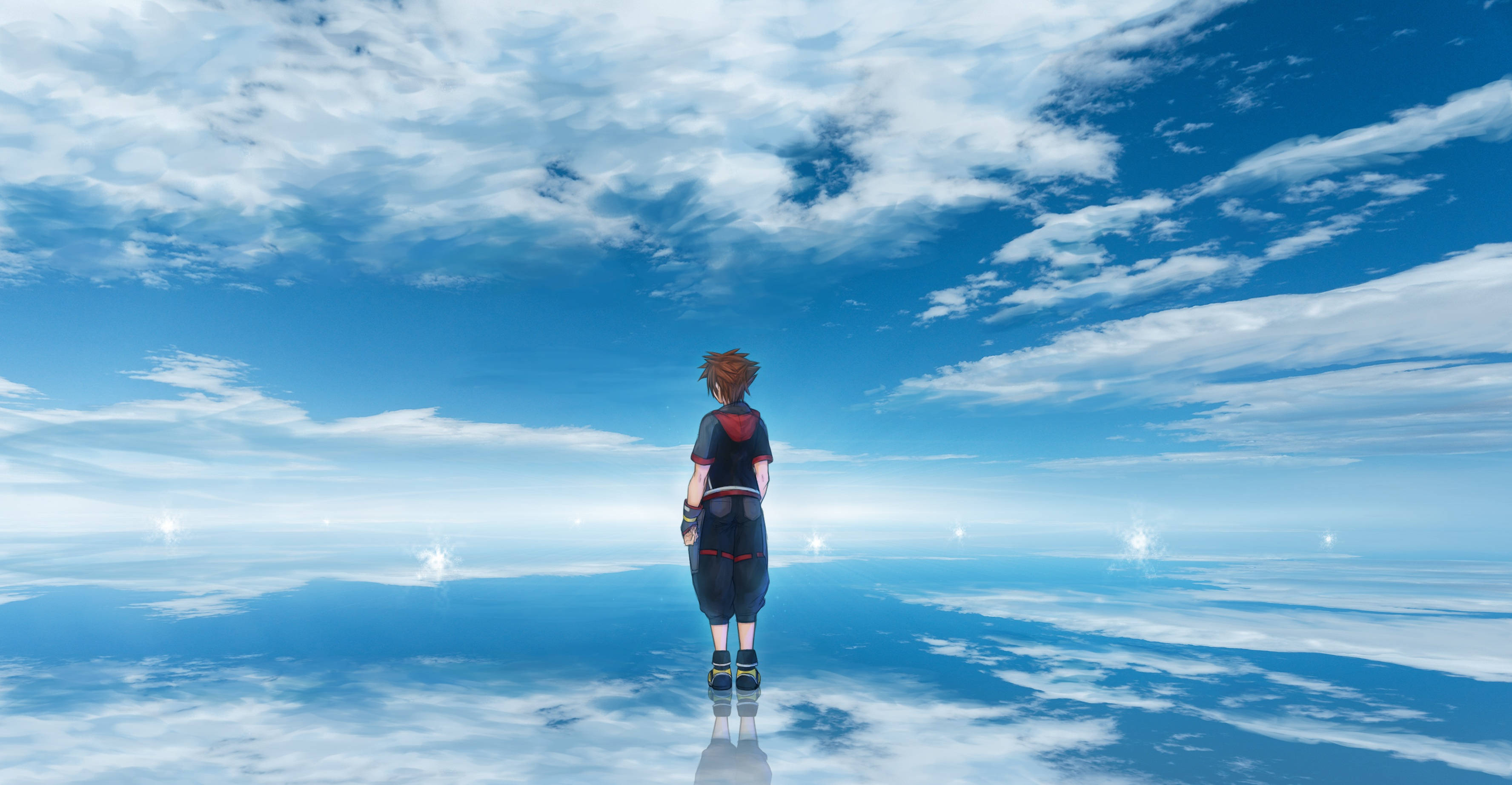 Kingdom Hearts 3 桌布 壁紙 — 一個孤獨的動畫男孩站在反射的藍色表面上，凝視著充滿縷縷雲彩和閃爍光芒的廣闊天空。