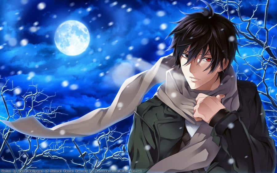 Gay Anime 桌布 壁紙 — 一個孤獨的動畫男性，黑髮紅眼，站在雪夜中，滿月下，周圍是光禿禿的樹木。
