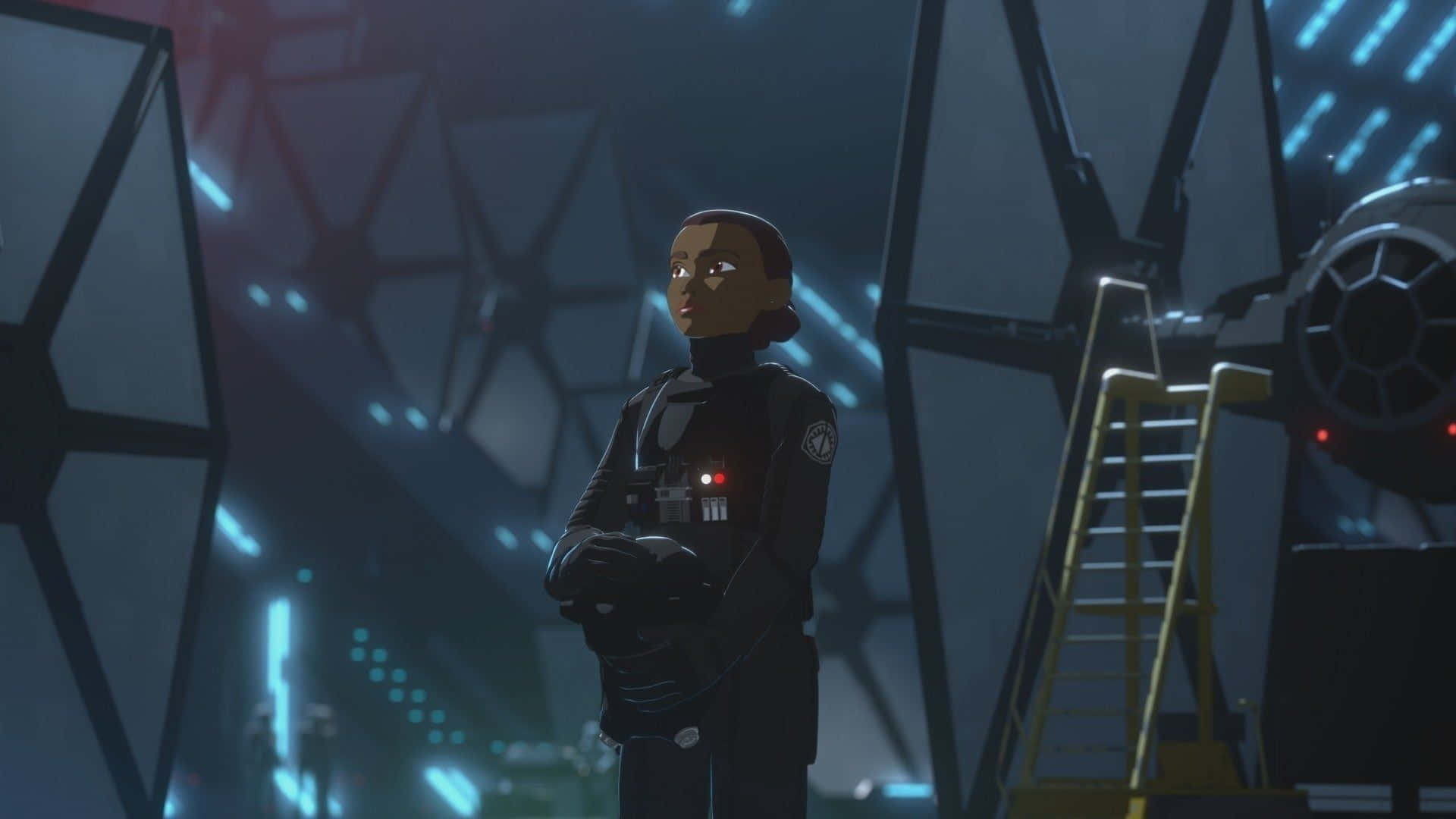 The Resistance 桌布 壁紙 — 一個孤獨的動畫飛行員穿著黑色制服，站在一個昏暗的未來主義機庫中，旁邊是一架帶有藍色光芒的TIE戰鬥機。