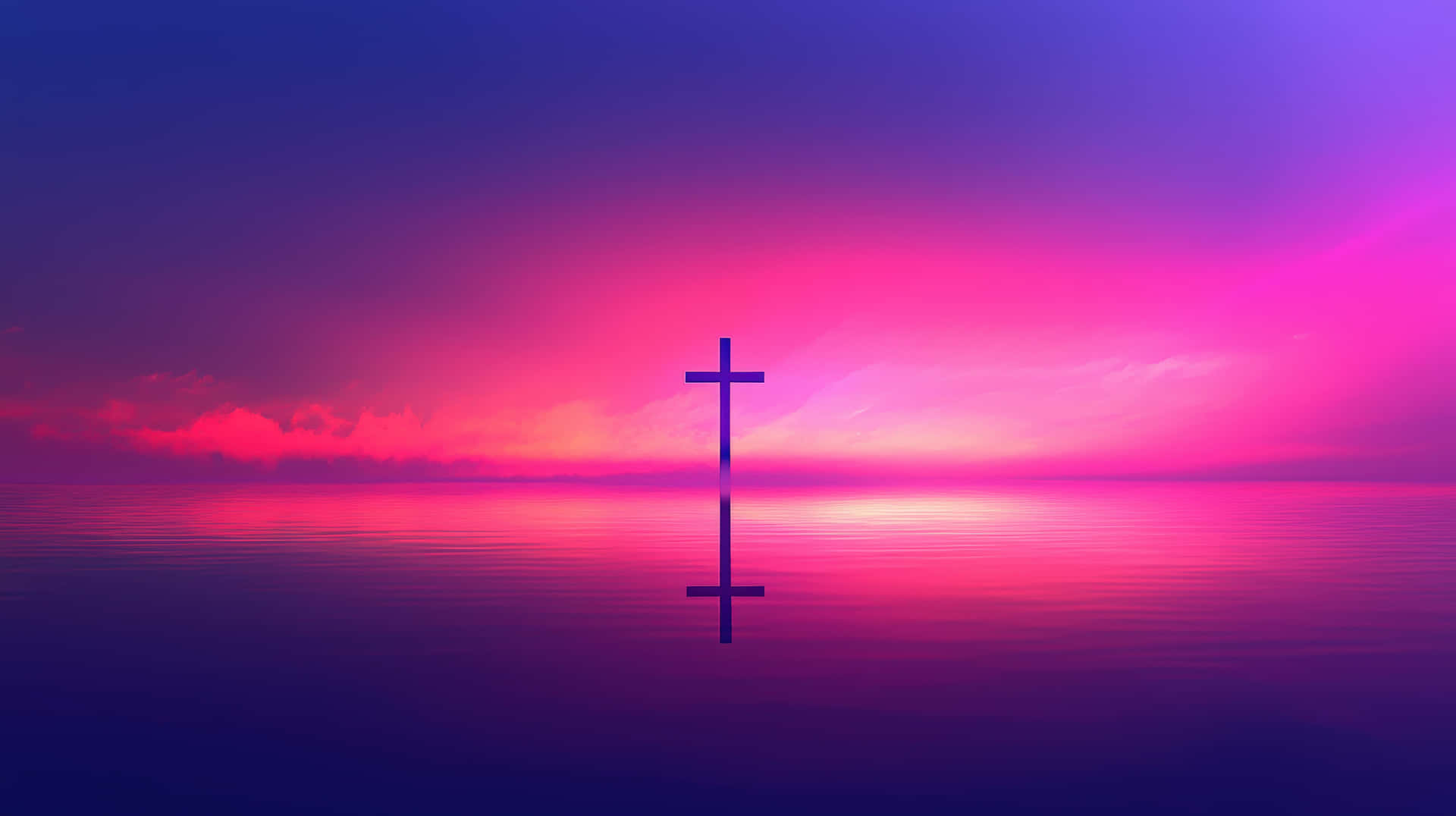 A peaceful cross stands over calm water, reflecting the colors of a vibrant sunset 壁紙 — 一個孤獨的十字架矗立在平靜的水面上，天空呈現出鮮豔的粉紅色和紫色日落。
