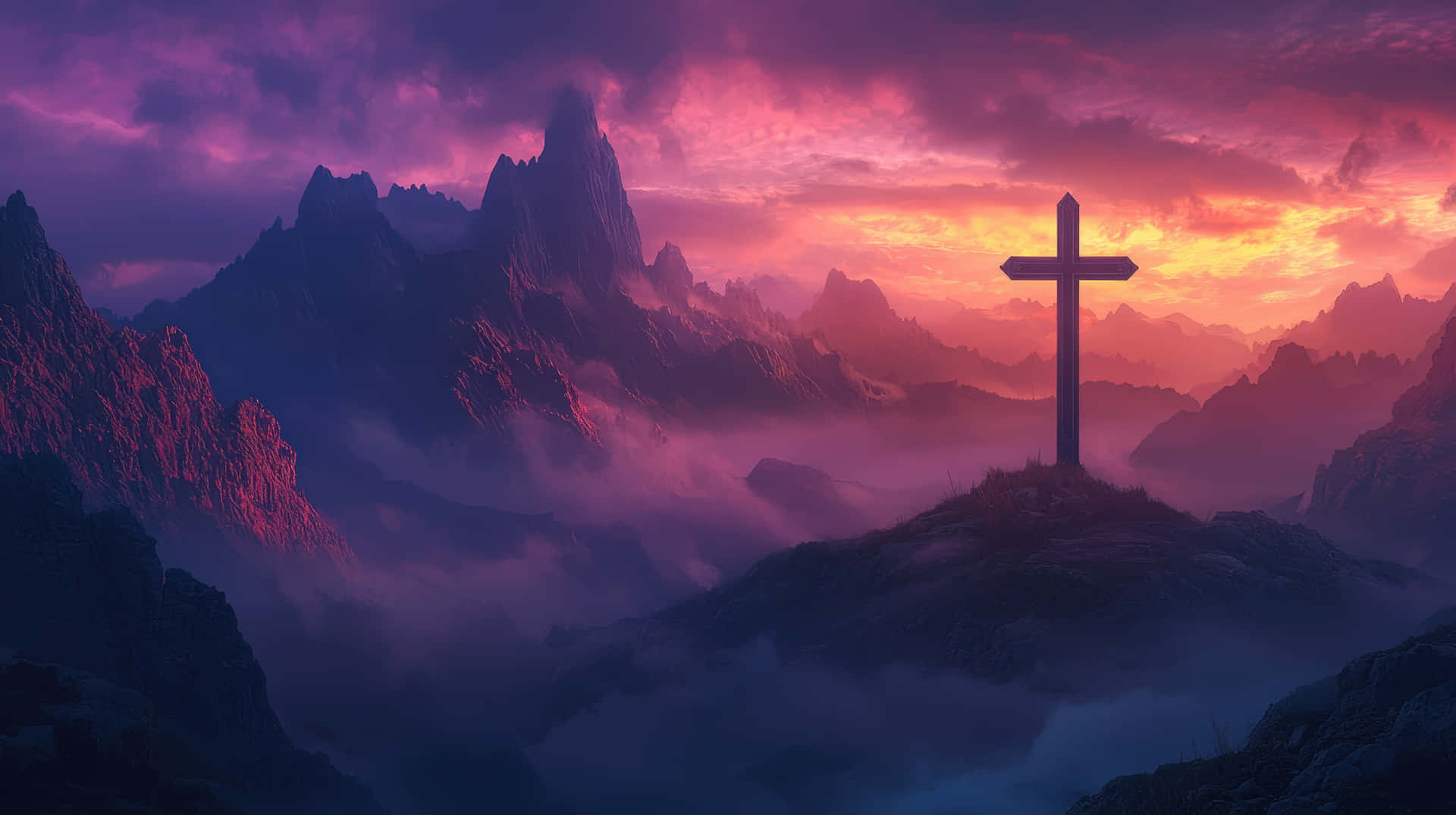 Majestic Cross on a Mountain at Sunset Amidst Misty Peaks 壁紙 — 一個孤獨的十字架矗立在霧氣繚繞的山頂上，夕陽西下，鋸齒狀的山峰和充滿活力的紫橙色天空。