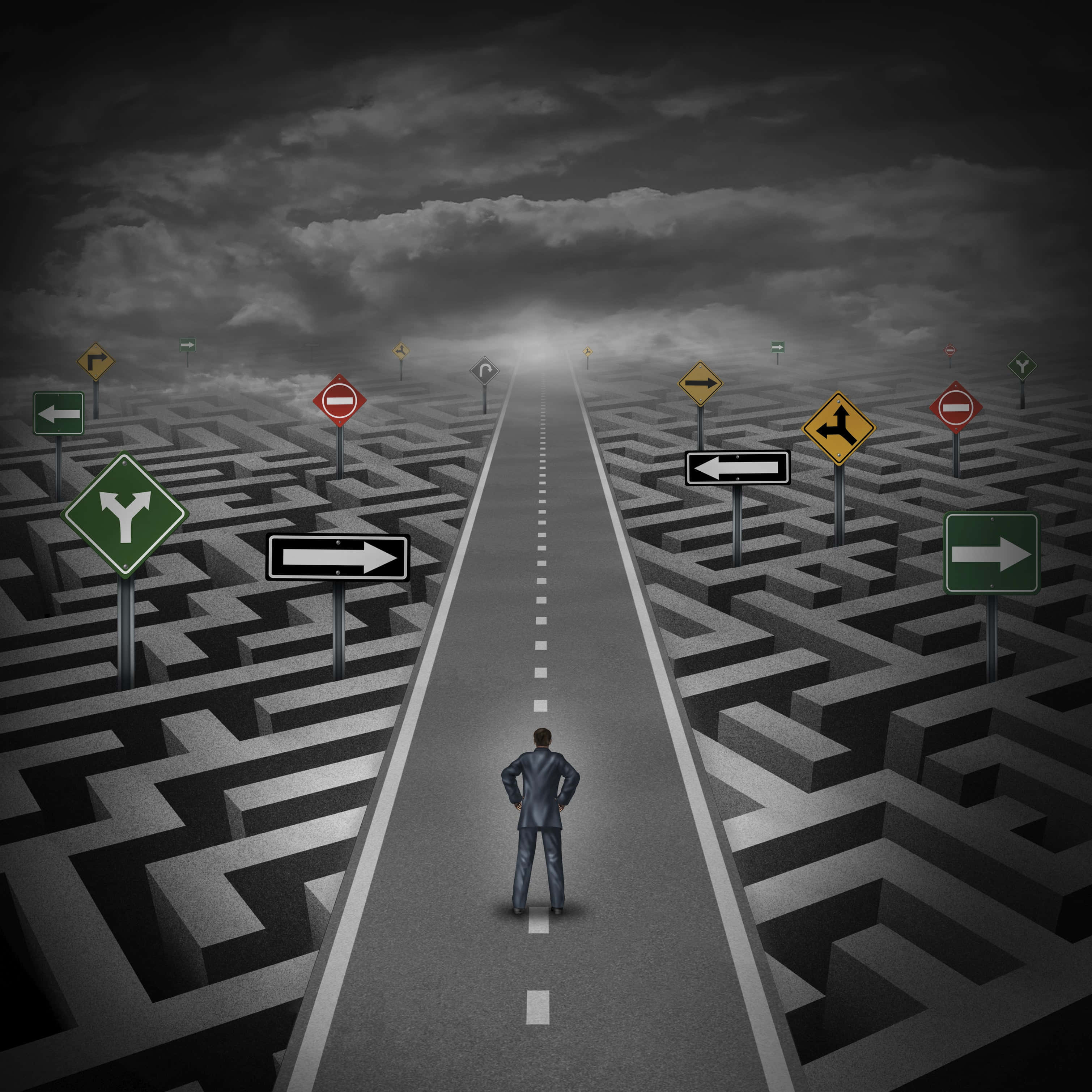 Career 桌布 壁紙 — 一個孤獨的商人站在一條筆直的道路上，兩旁是無盡的迷宮，迷宮中有令人困惑的路標，天空風雨交加。