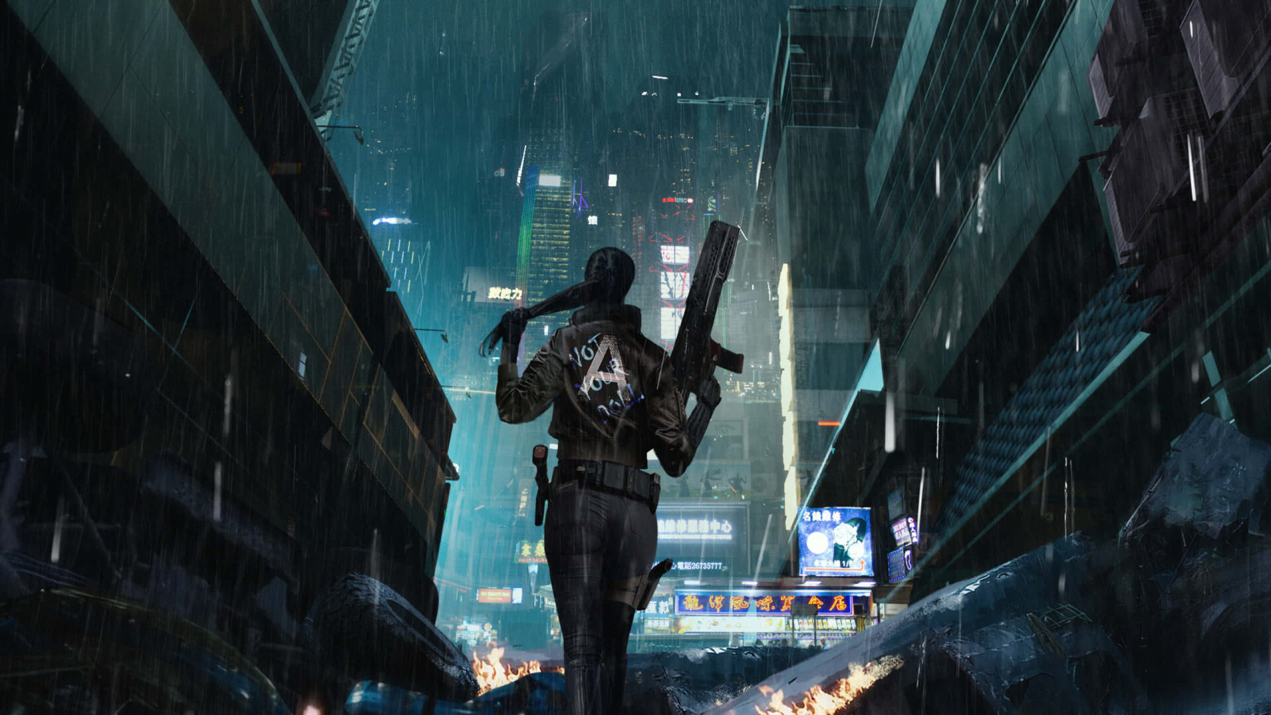 賽博龐克 桌布 壁紙 — 一個孤獨的士兵拿著步槍，夜晚站在被雨水浸透、霓虹燈照亮的城市小巷中，高樓大廈底部火焰閃爍。