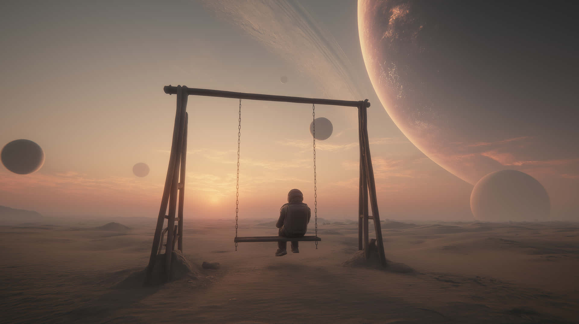 Contemplative Astronaut on Swing Over Surreal Exoplanet 壁紙 — 一個孤獨的太空人坐在荒蕪的外星沙漠中的鞦韆上，一顆巨大的行星在日落天空中隱現。