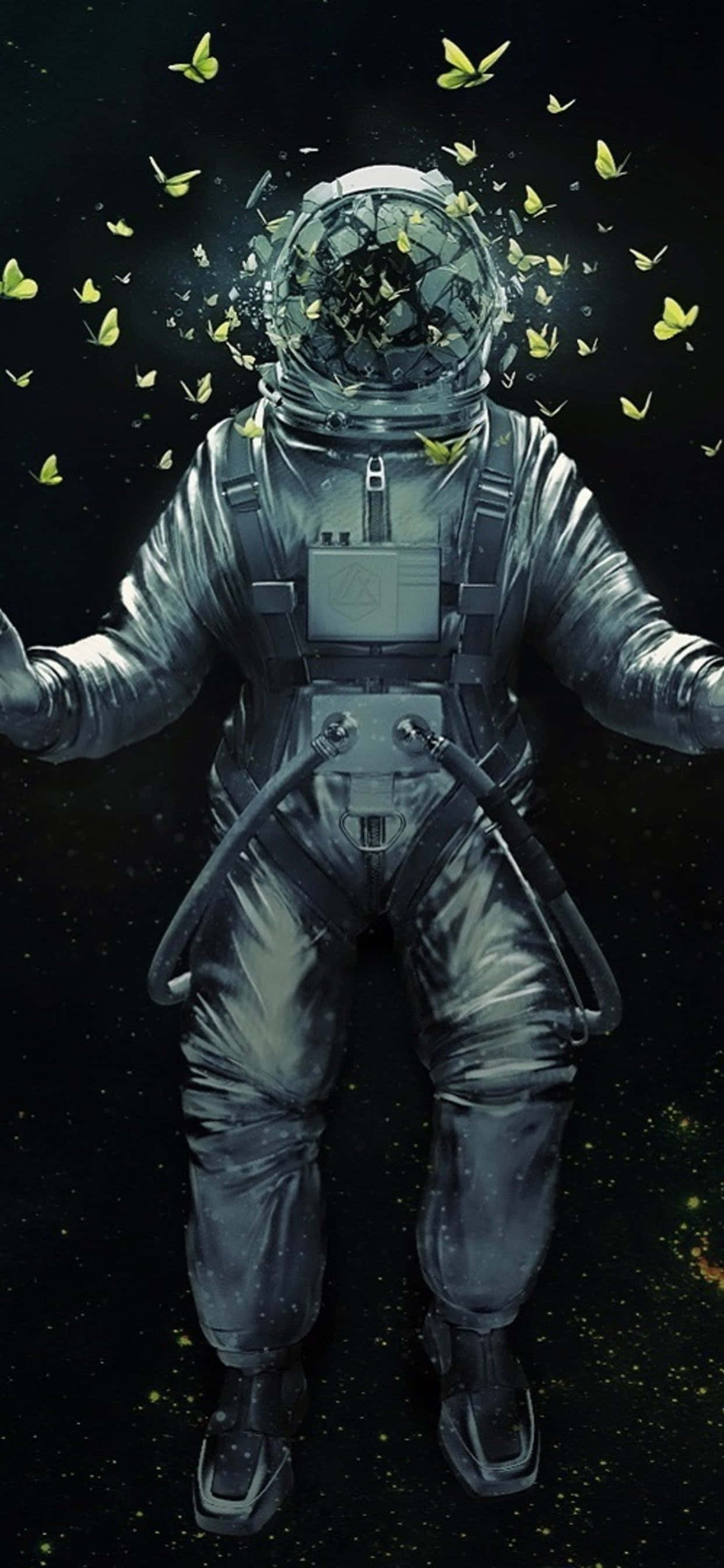 Astronaut iPhone 桌布 壁紙 — 一個孤獨的太空人戴著破裂的頭盔漂浮在太空，黃色蝴蝶從破損的面罩中飛出。
