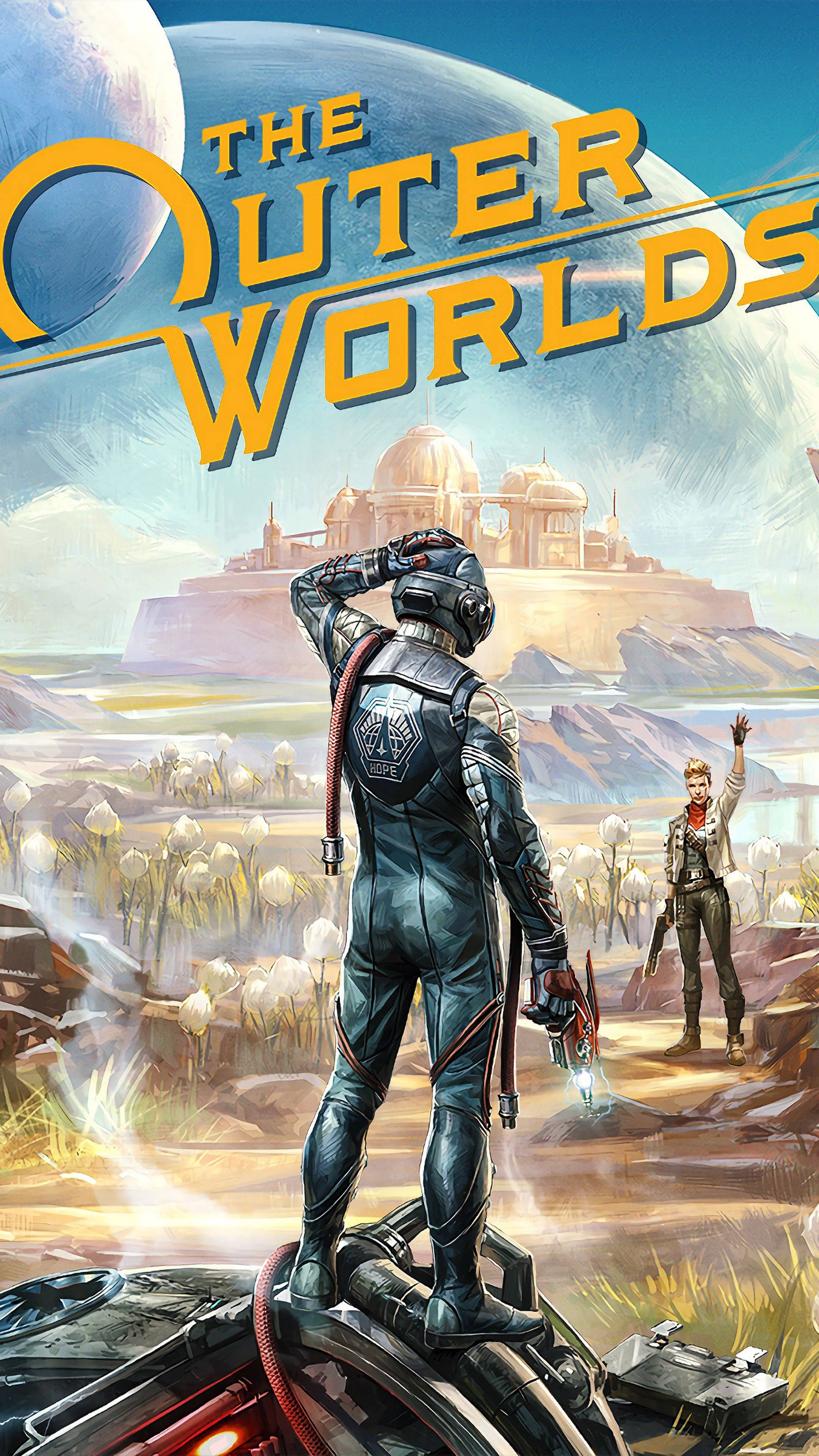 The Outer Worlds 桌布 壁紙 — 一個孤獨的太空人穿著時尚的太空衣，站在車輛頂部，凝視著遙遠的外星城市，天空廣闊，有一輪巨大的月亮。