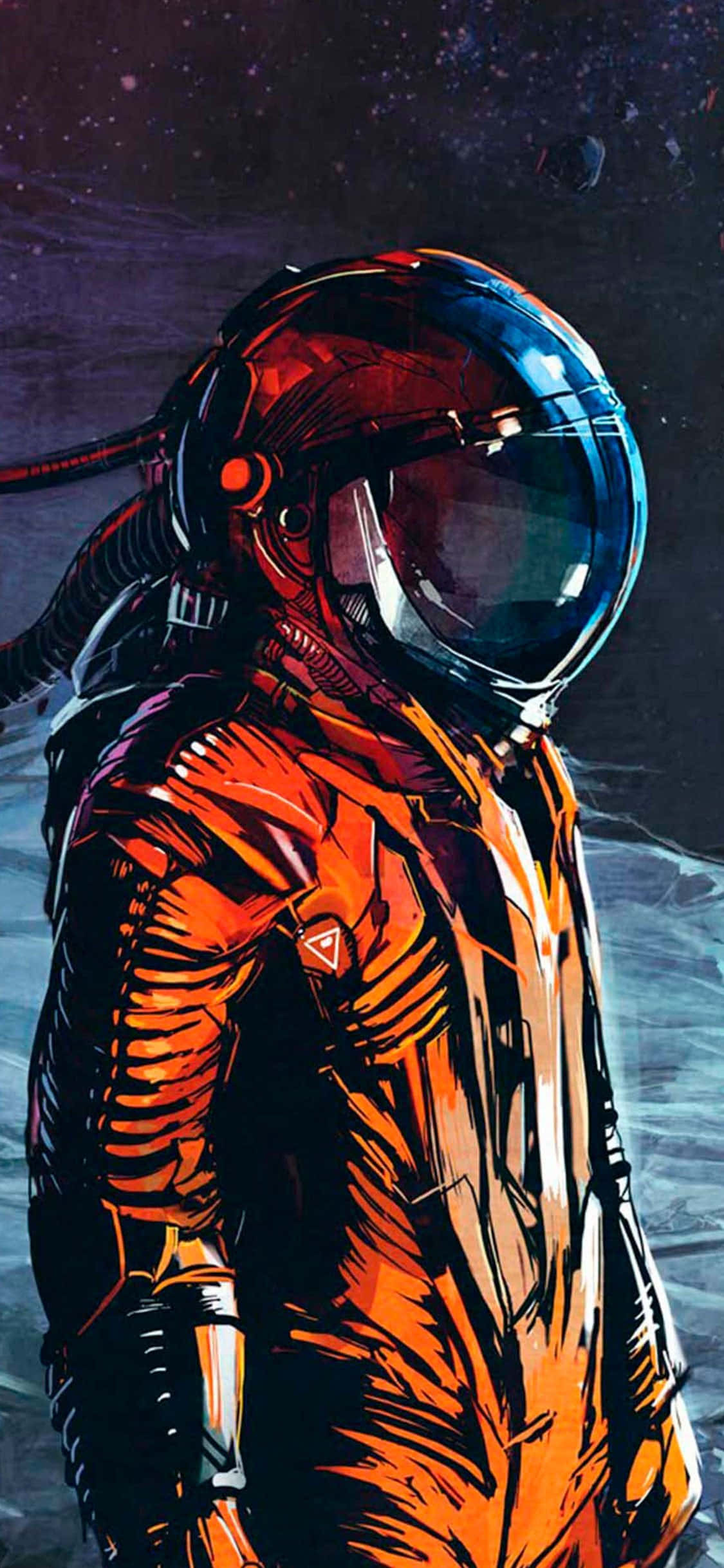 Astronaut iPhone 桌布 壁紙 — 一個孤獨的太空人穿著鮮豔的橙色太空衣，站在類似月球的表面上，凝視著繁星點點的宇宙天空。