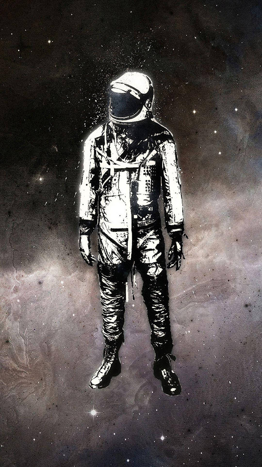 地球 桌布 壁紙 — 一個孤獨的太空人站在滿天星斗的宇宙虛空中，穿著有紋理、粗糙的太空衣和深色頭盔。