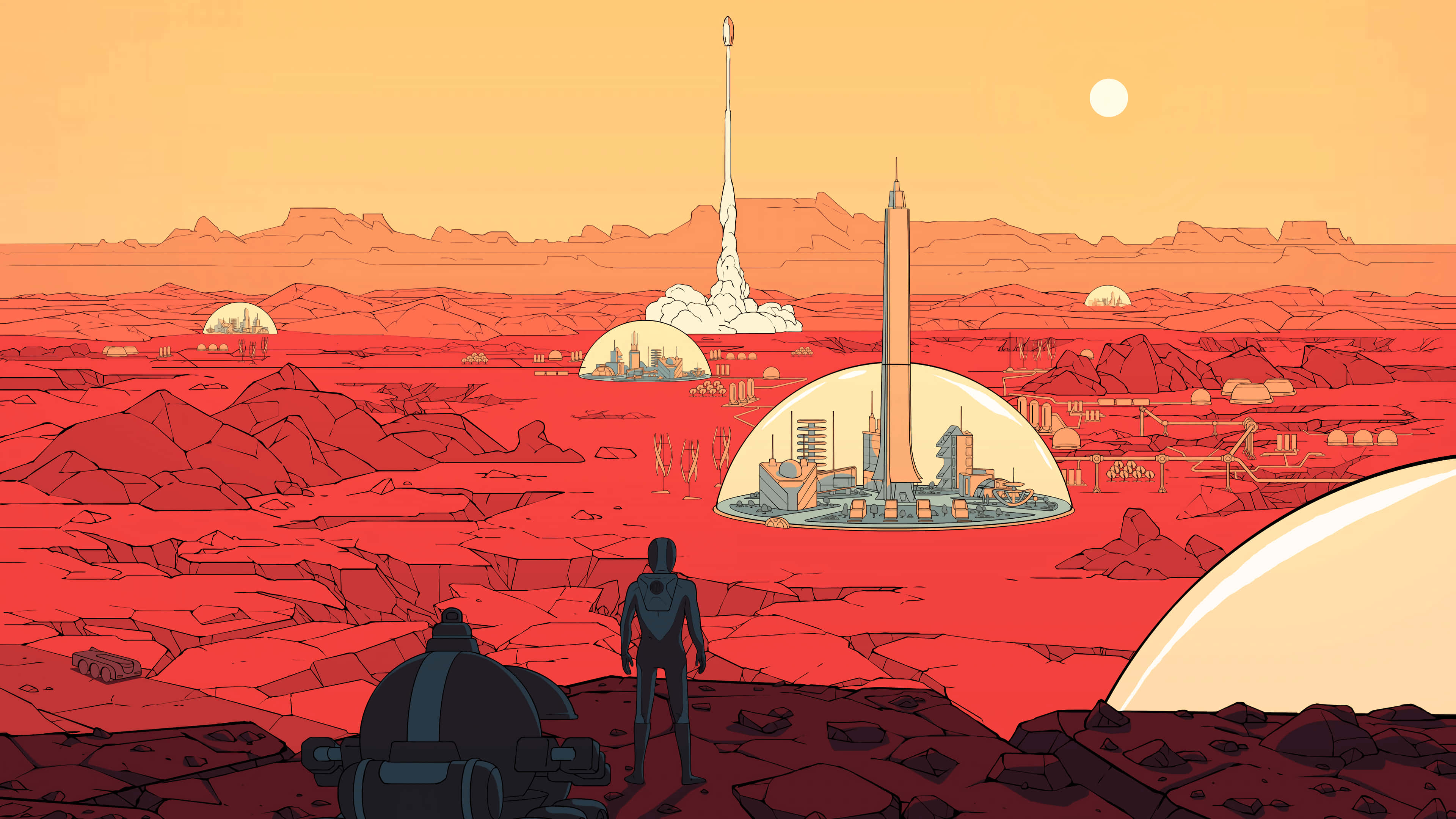 Mars 4K 桌布 壁紙 — 一個孤獨的太空人站在紅色外星行星上，看著火箭從未來圓頂城市發射，天空是橙色的。