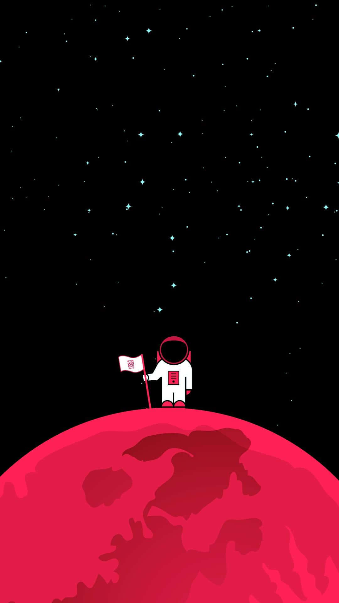 太空人 桌布 壁紙 — 一個孤獨的太空人站在紅色行星頂上，在繁星點點的黑天下插旗。