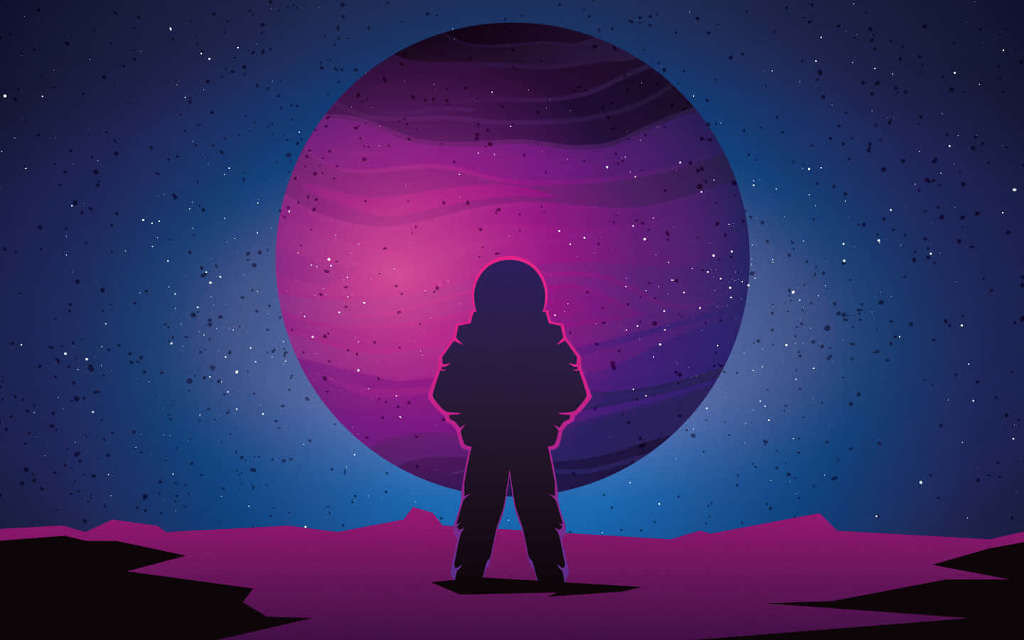 科幻 桌布 壁紙 — 一個孤獨的太空人站在紫色外星行星上，以剪影形式凝視著星夜中一個巨大的粉紫色漩渦行星。