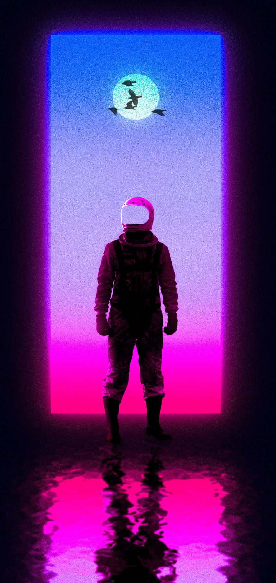 Vaporwave iPhone 桌布 壁紙 — 一個孤獨的太空人站在黑暗的房間裡，面前是一個發光的傳送門，顯露出超現實的天空，有滿月和飛鳥。