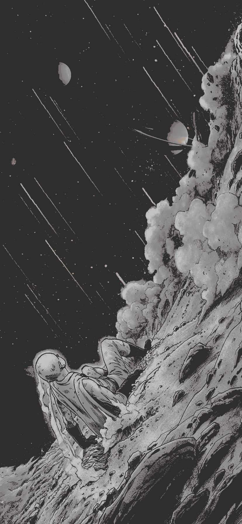 太空人在太空中緊貼峭壁，流星和月亮漂浮而過。 — 一拳超人 GIF 壁紙
