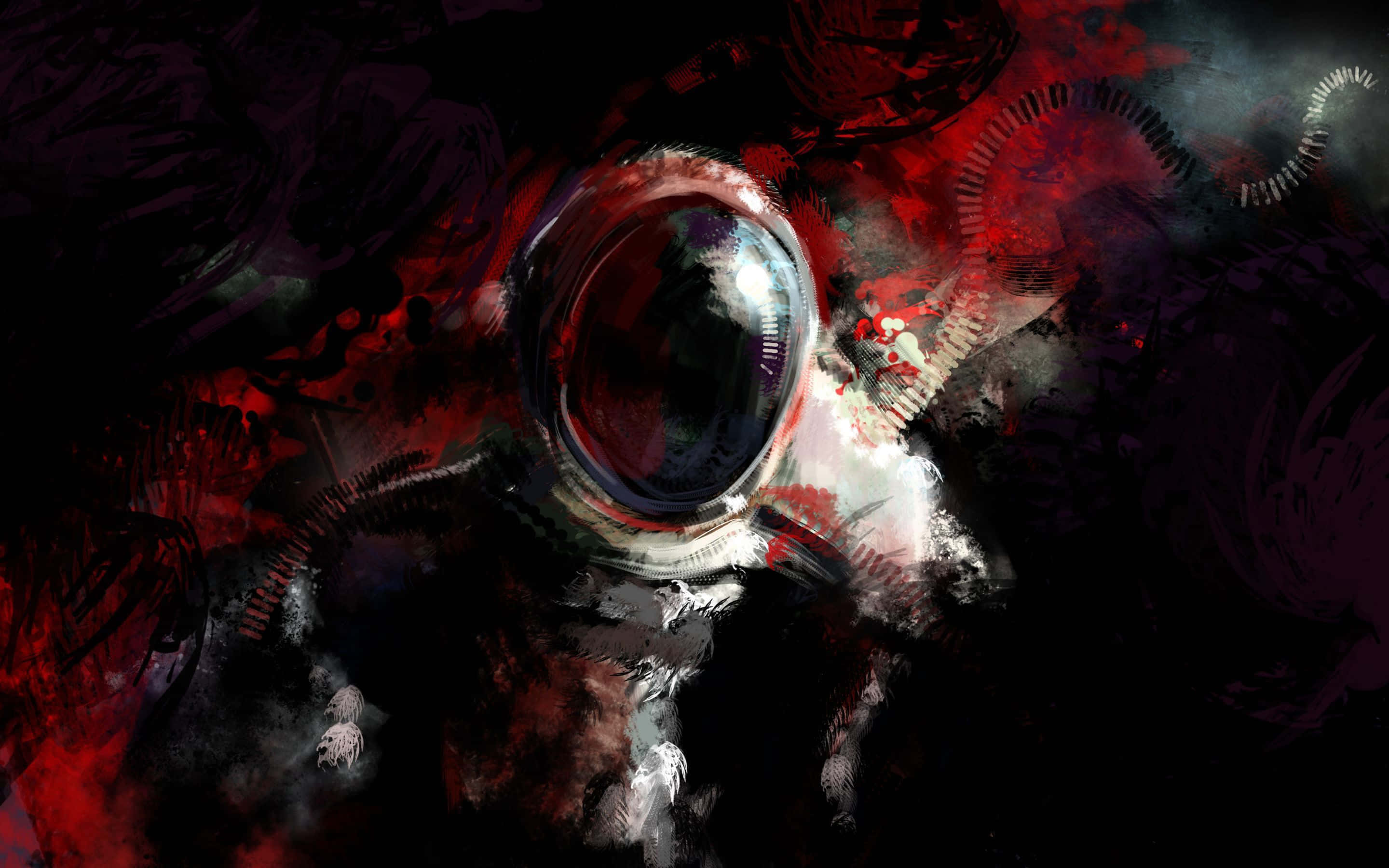 Scary Space 桌布 壁紙 — 一個孤獨的太空人頭盔漂浮在旋轉的紅色和黑色宇宙碎片中，形成一幅戲劇性的數位畫作。