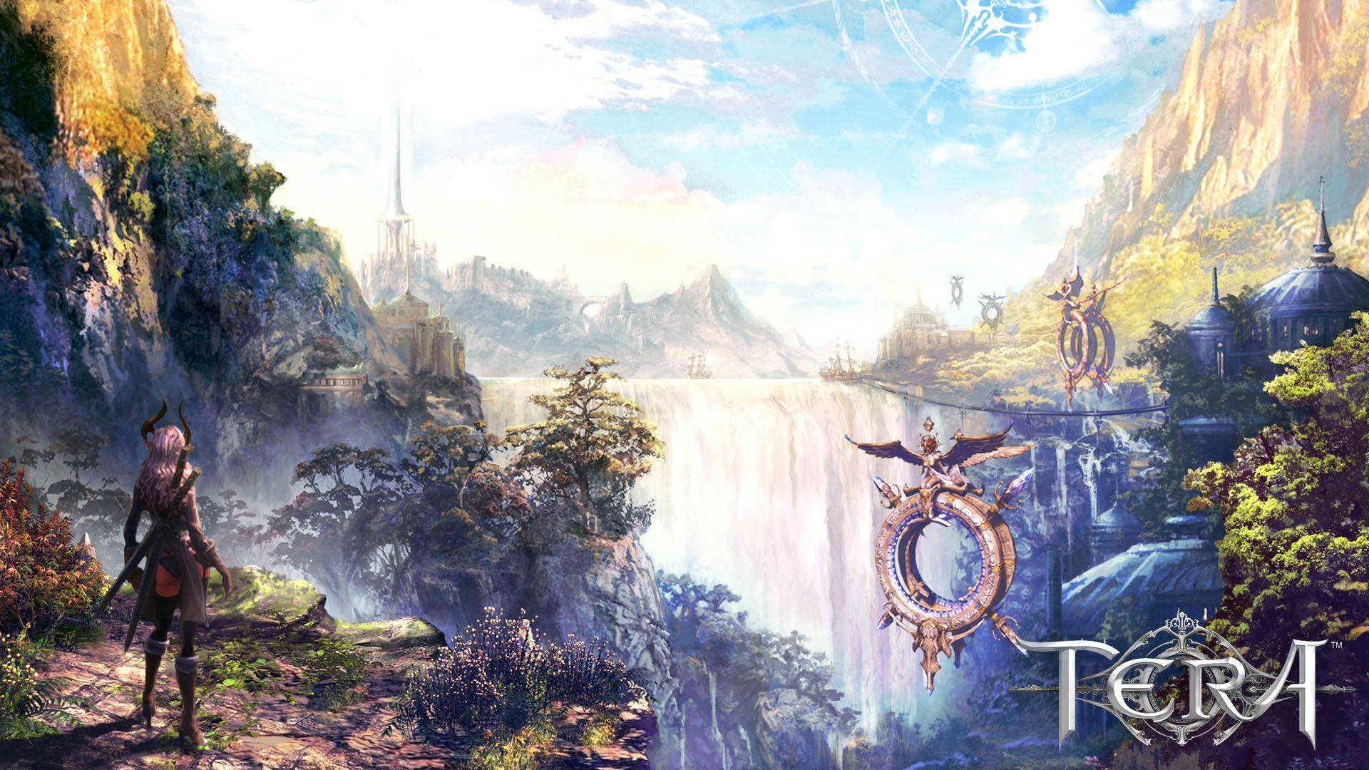 電玩遊戲 桌布 壁紙 — 一個孤獨的奇幻戰士站在壯麗的瀑布前，瀑布流入一個有浮島和遠處城堡廢墟的山谷，天空明亮。