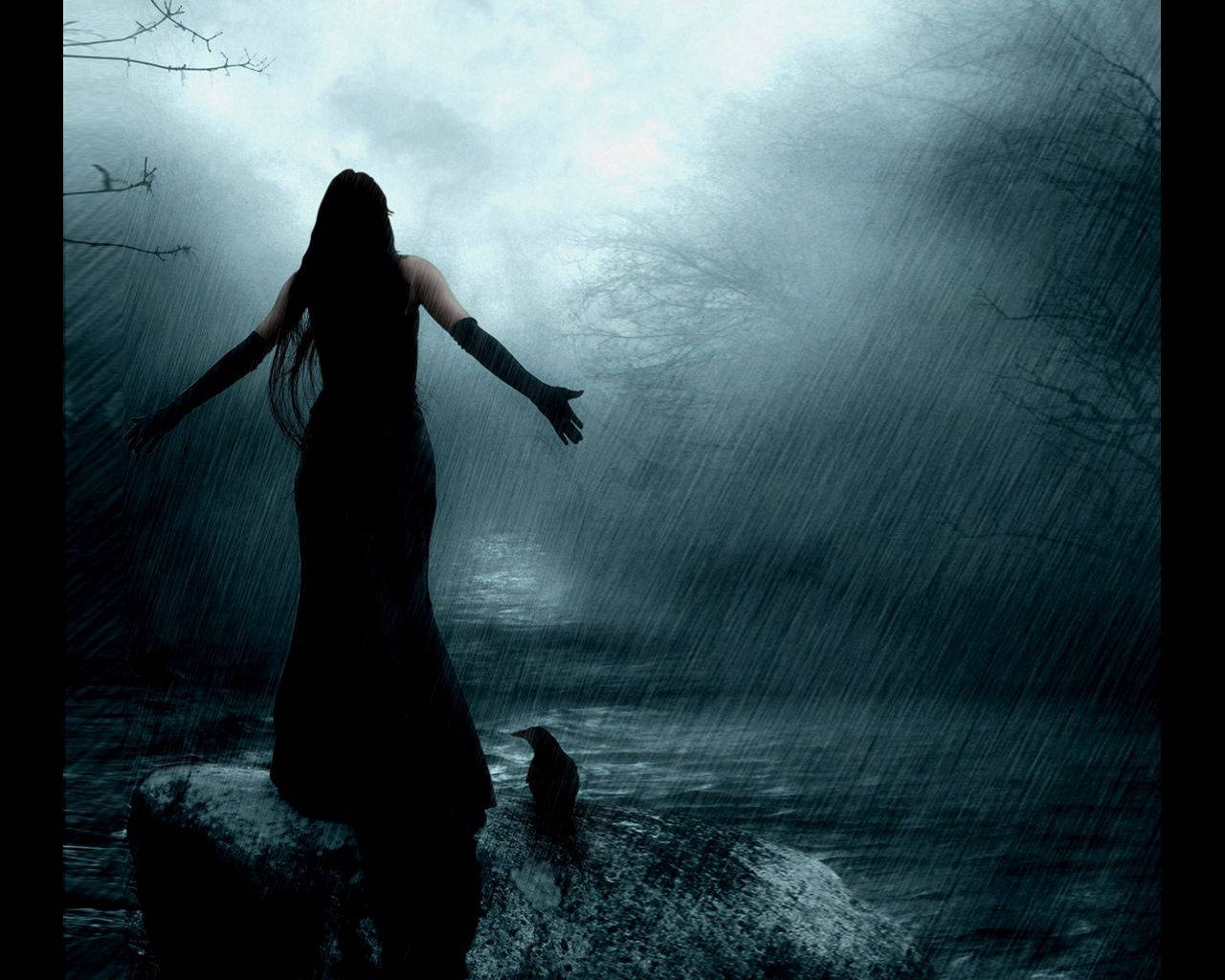 Raven 桌布 壁紙 — 一個孤獨的女人剪影站在岩石上，背景是風雨交加、樹木光禿、天空陰暗的風景。