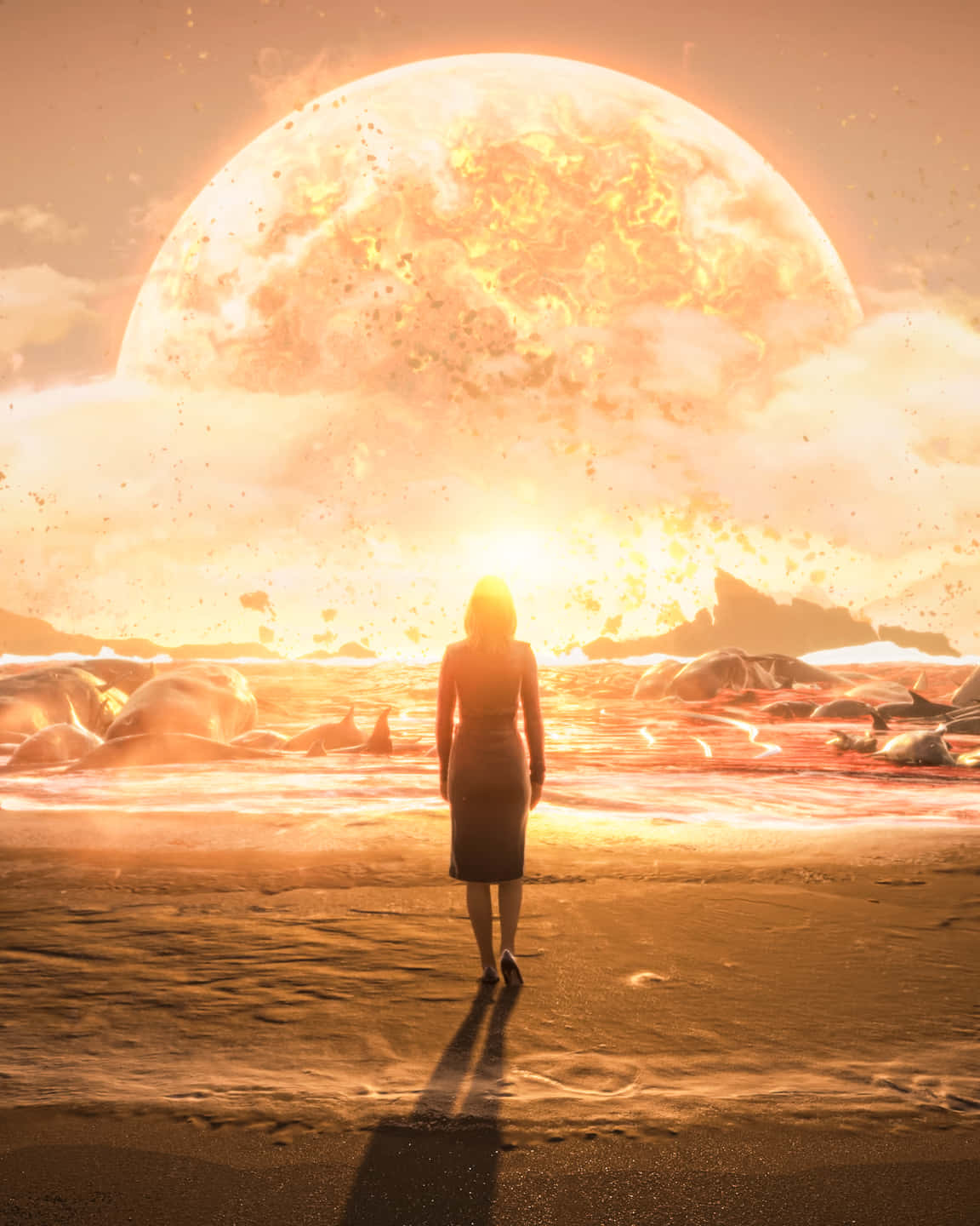 Amelie Death Stranding 壁紙 — 一個孤獨的女人在海灘上行走，身後一輪巨大的火紅太陽升起，在沙灘和水面上投下長長的影子。