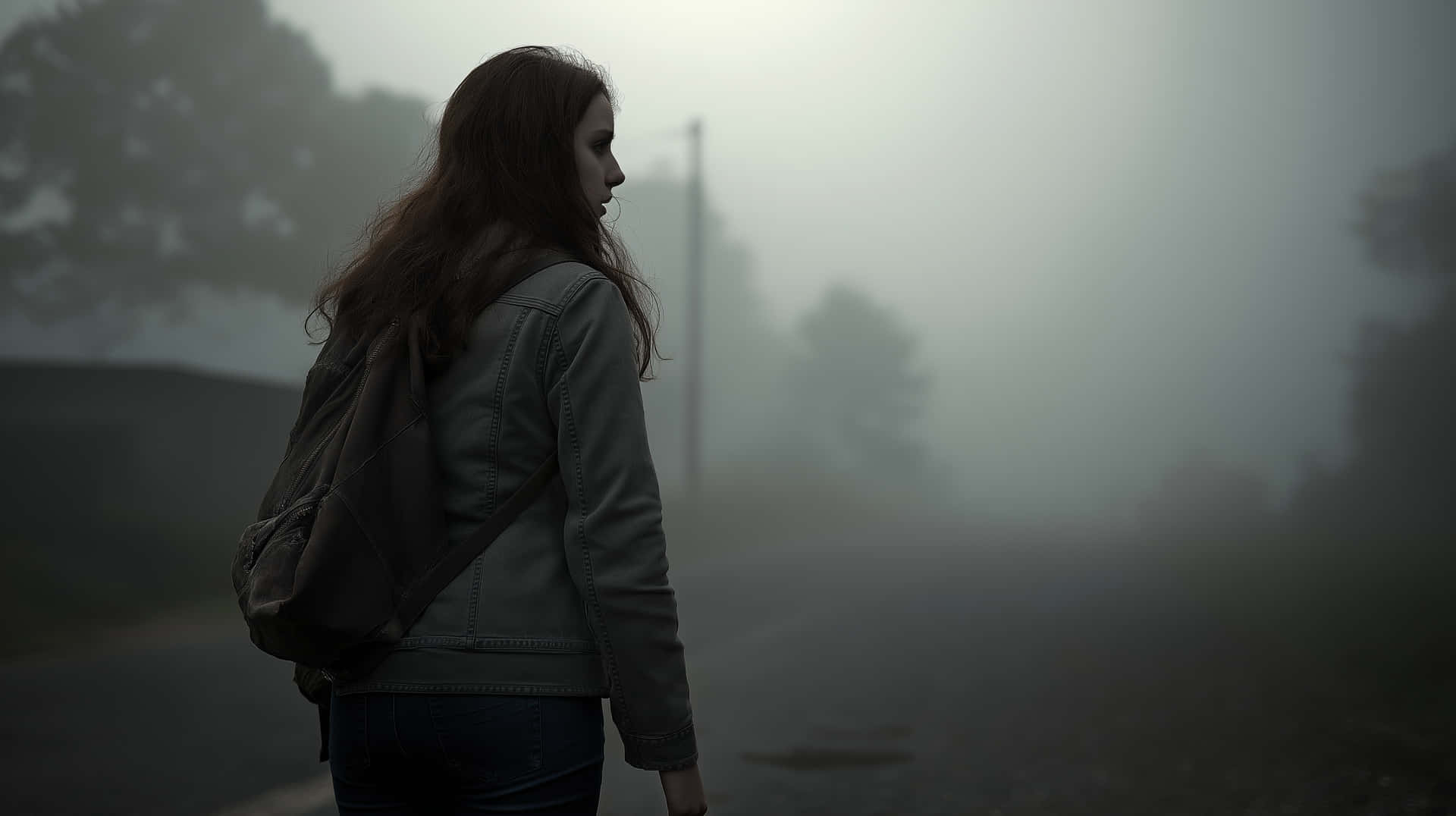 Lone Figure Walking on Foggy Road, Mysterious Landscape 壁紙 — 一個孤獨的女人穿著灰色外套和背包，站在霧氣瀰漫的路上，神情陰鬱地向前望。