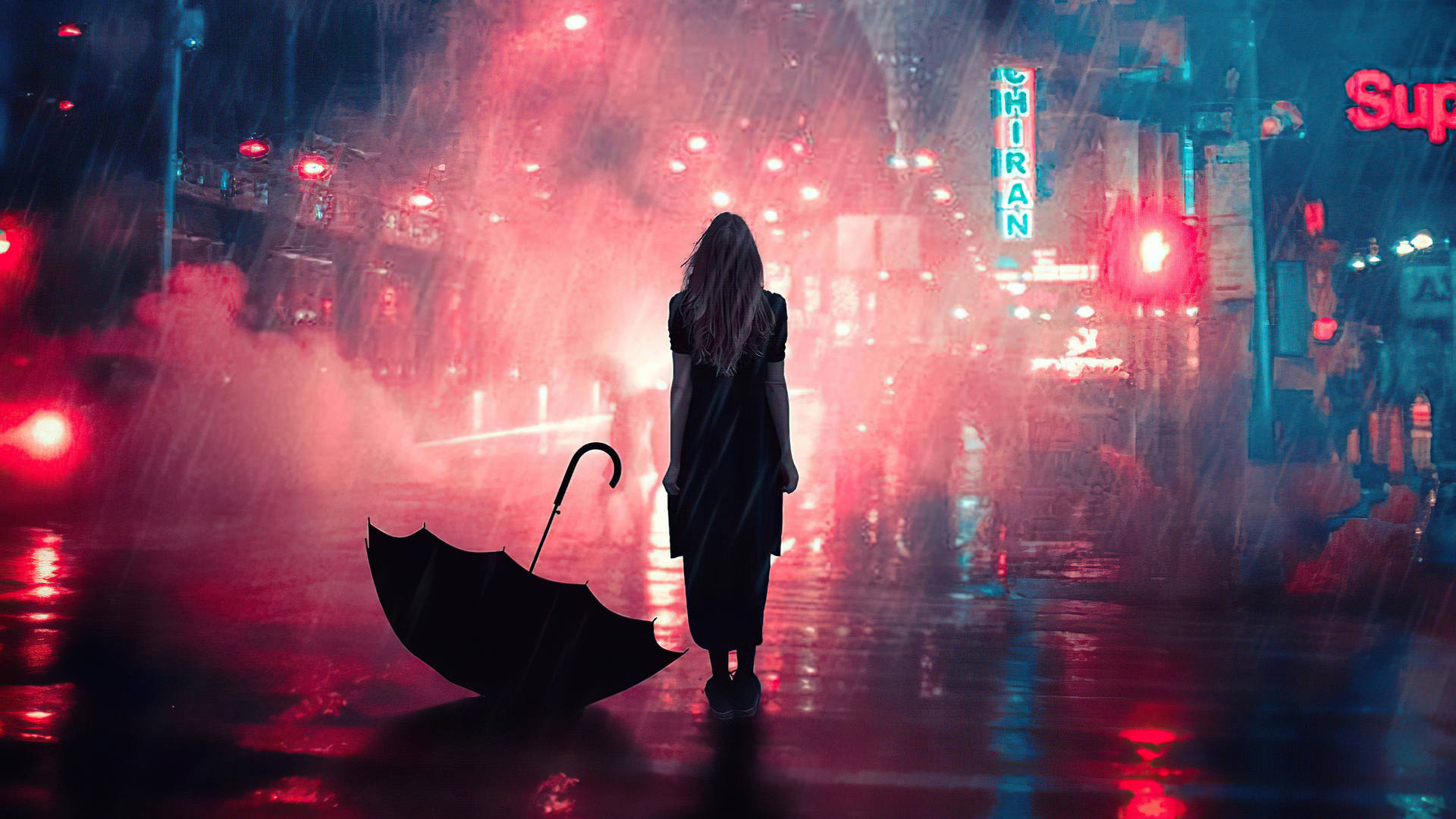 憂鬱美學 桌布 壁紙 — 一個孤獨的女人站在被雨水浸透的霓虹燈城市街道上，撐著雨傘，發光的招牌在潮濕的人行道上反射。