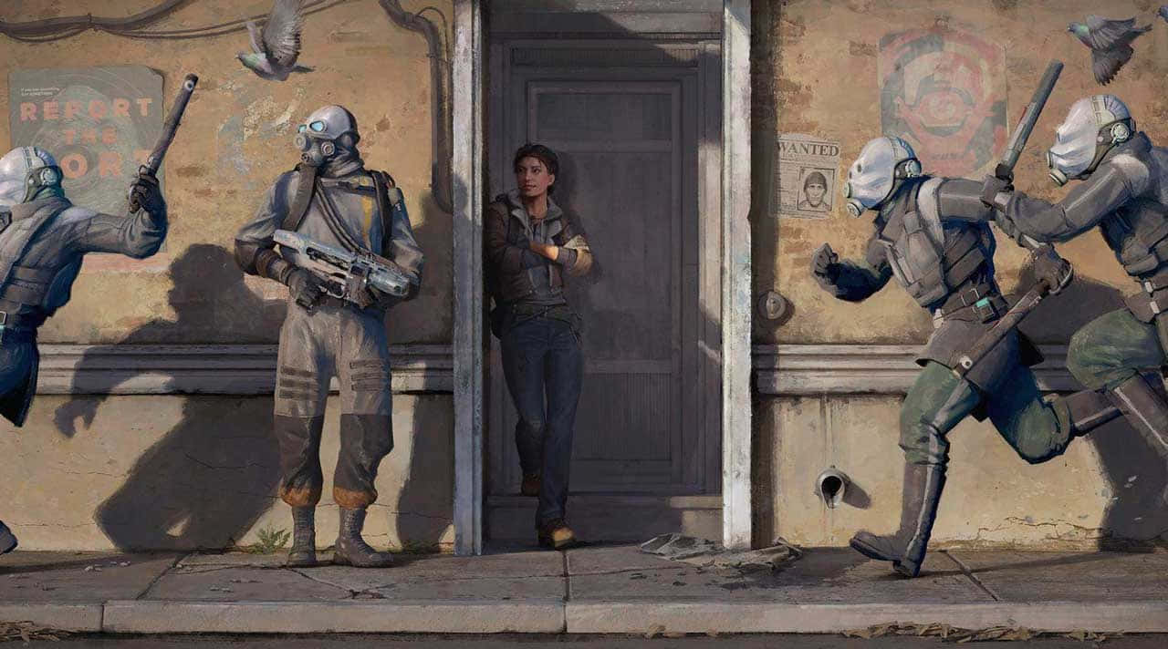 Half-life Characters 桌布 壁紙 — 一個孤獨的女人站在門口，而身穿裝甲、戴著防毒面具的士兵在一條粗糙的城市小巷中前進。