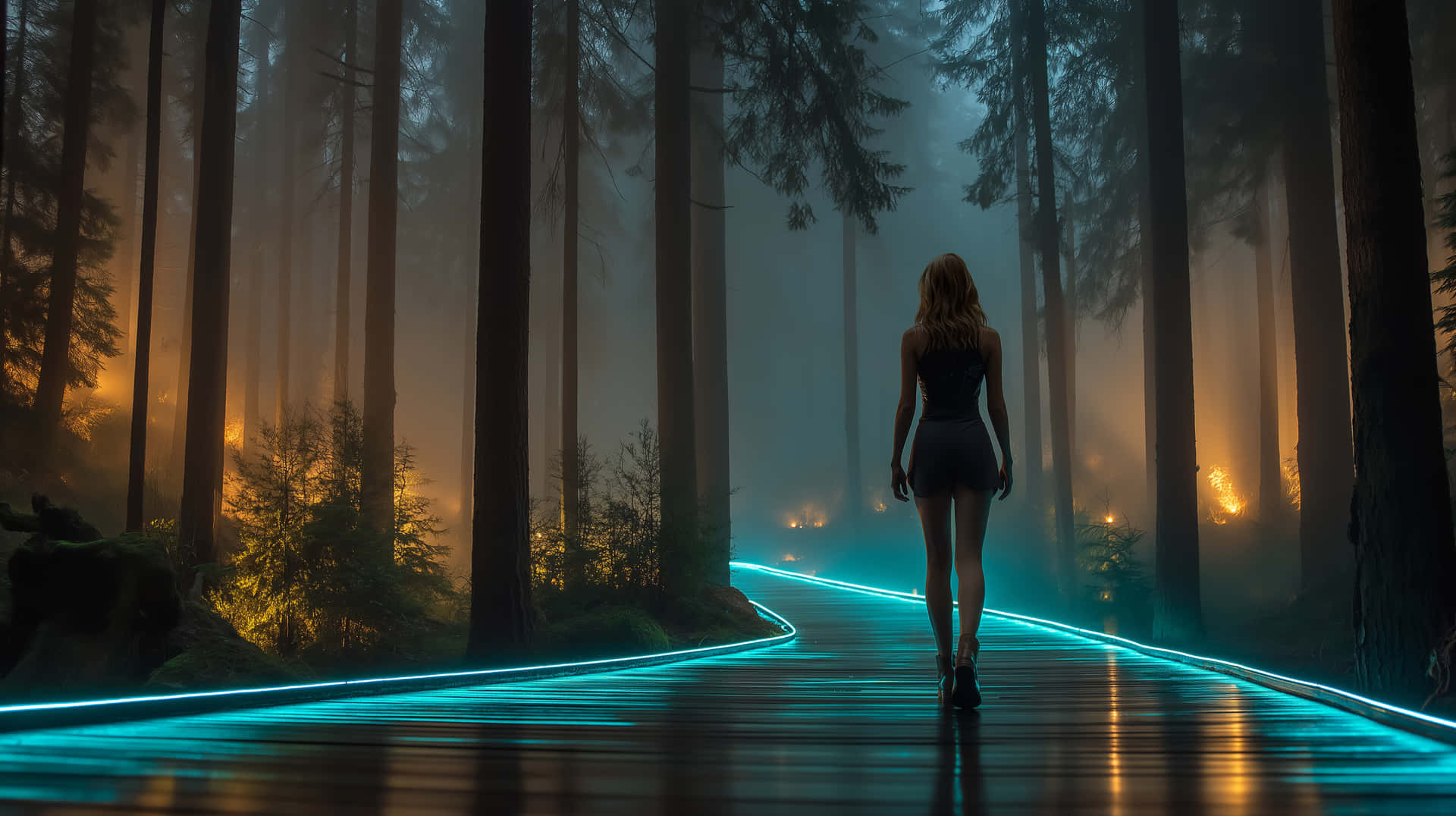 Serene Stroll on an Emitting Forest Path at Twilight 壁紙 — 一個孤獨的女人走在一條發光的藍色小徑上，穿過霧氣瀰漫的森林，遠處有溫暖的橙色燈光閃爍。