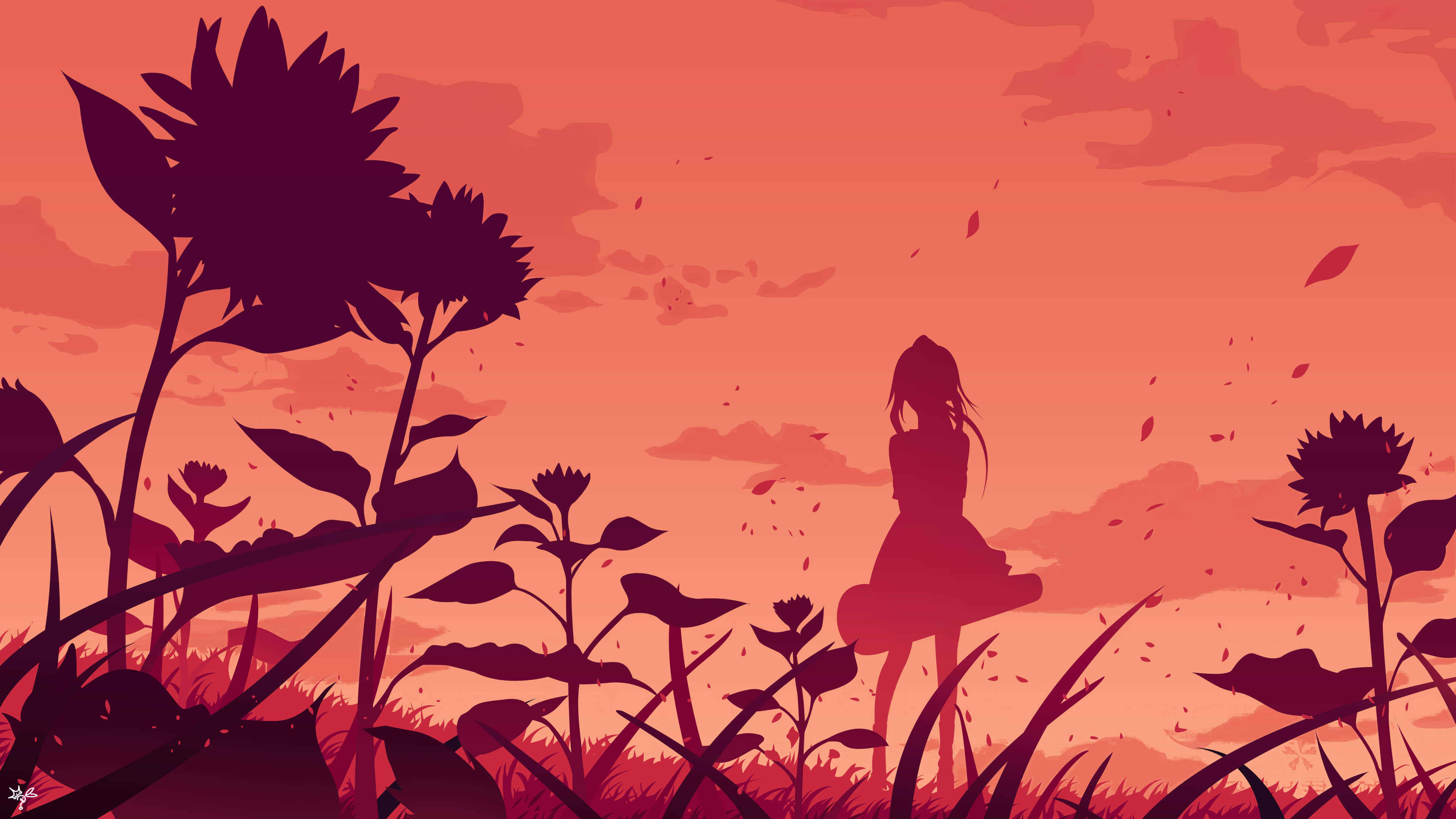 Your Lie In April 桌布 壁紙 — 一個孤獨的女孩剪影坐在向日葵中，背景是火紅的橙色日落天空和飄落的樹葉。