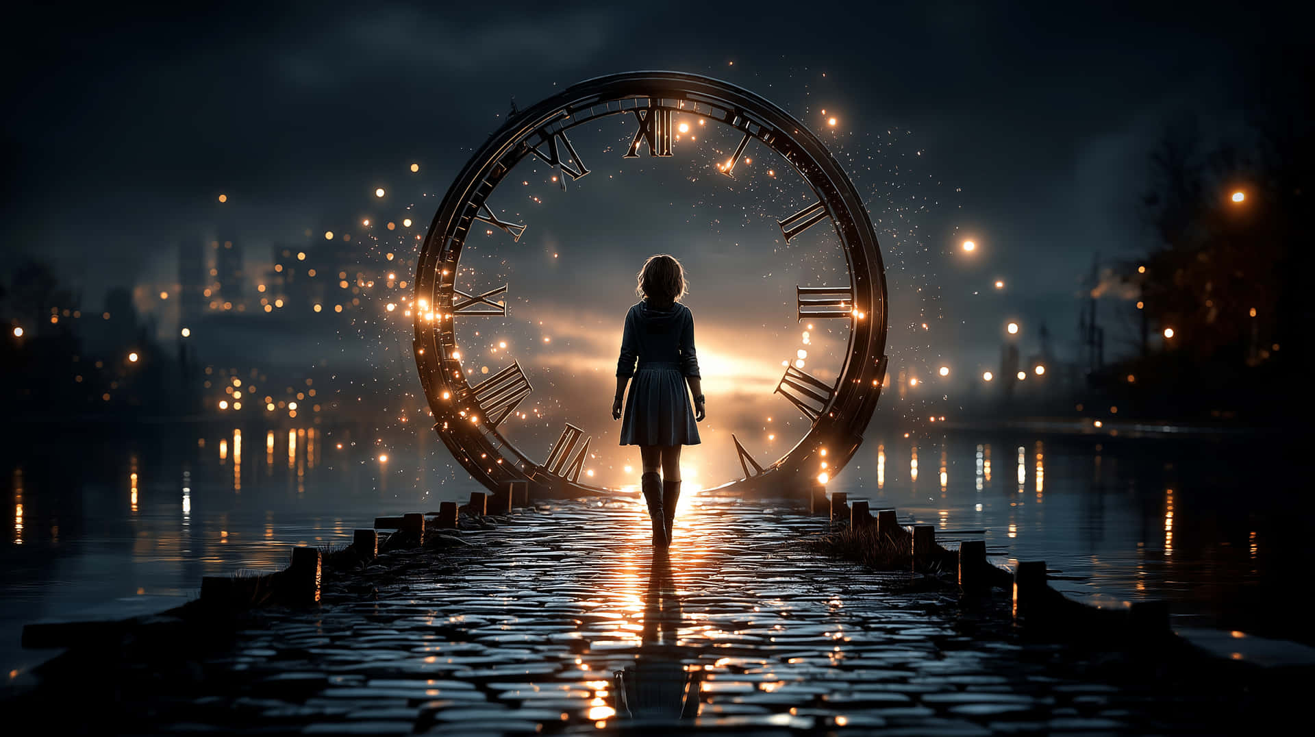 Woman on Path Towards Grand Luminous Clock at Night 壁紙 — 一個孤獨的女孩在夜晚走向一個漂浮在水面上的巨大發光時鐘，下方反射著城市燈光。