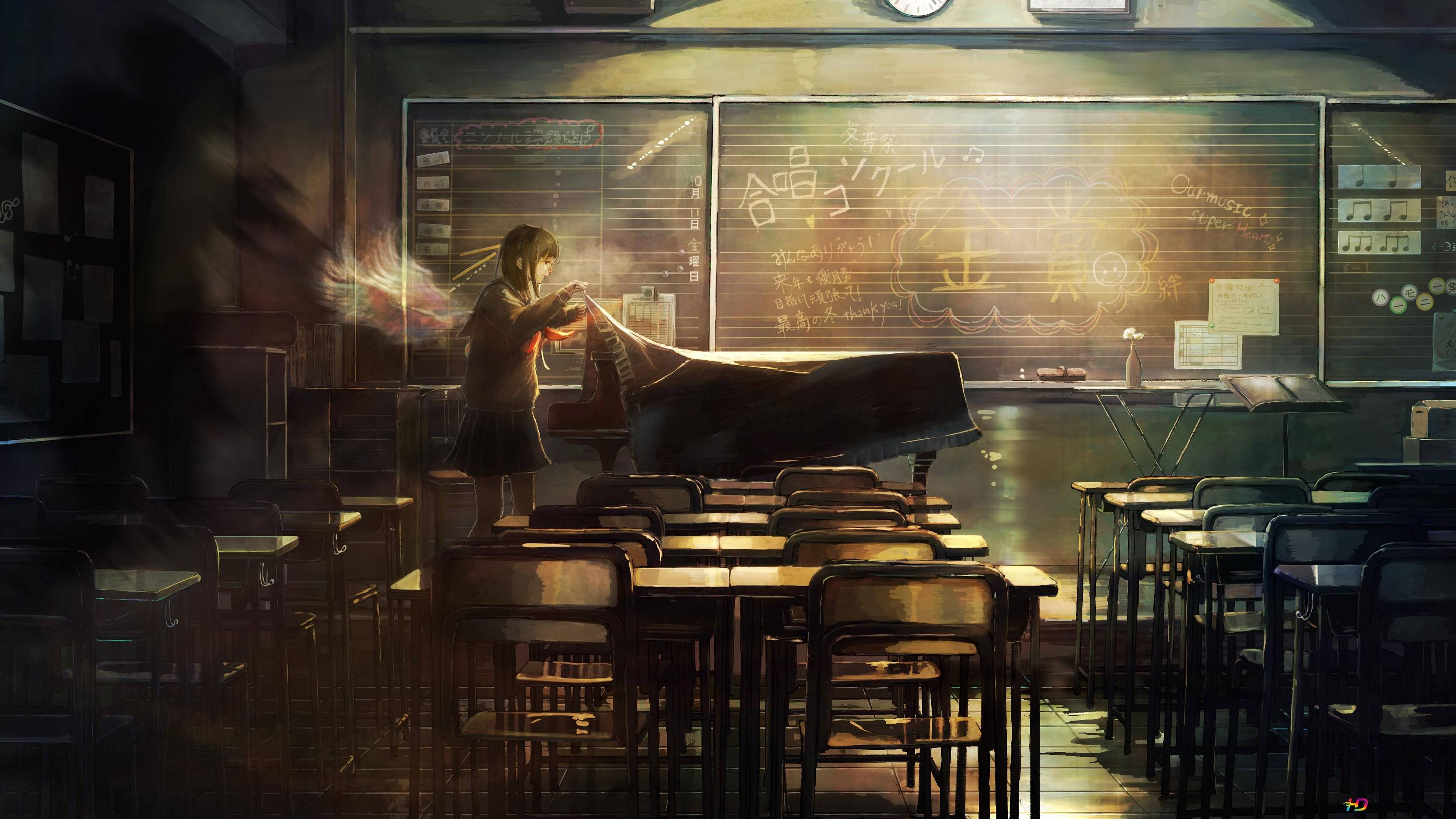 Anime Classroom 桌布 壁紙 — 一個孤獨的女孩在空無一人、陽光明媚的教室裡彈鋼琴，黑板上有音樂音符，課桌排列整齊。
