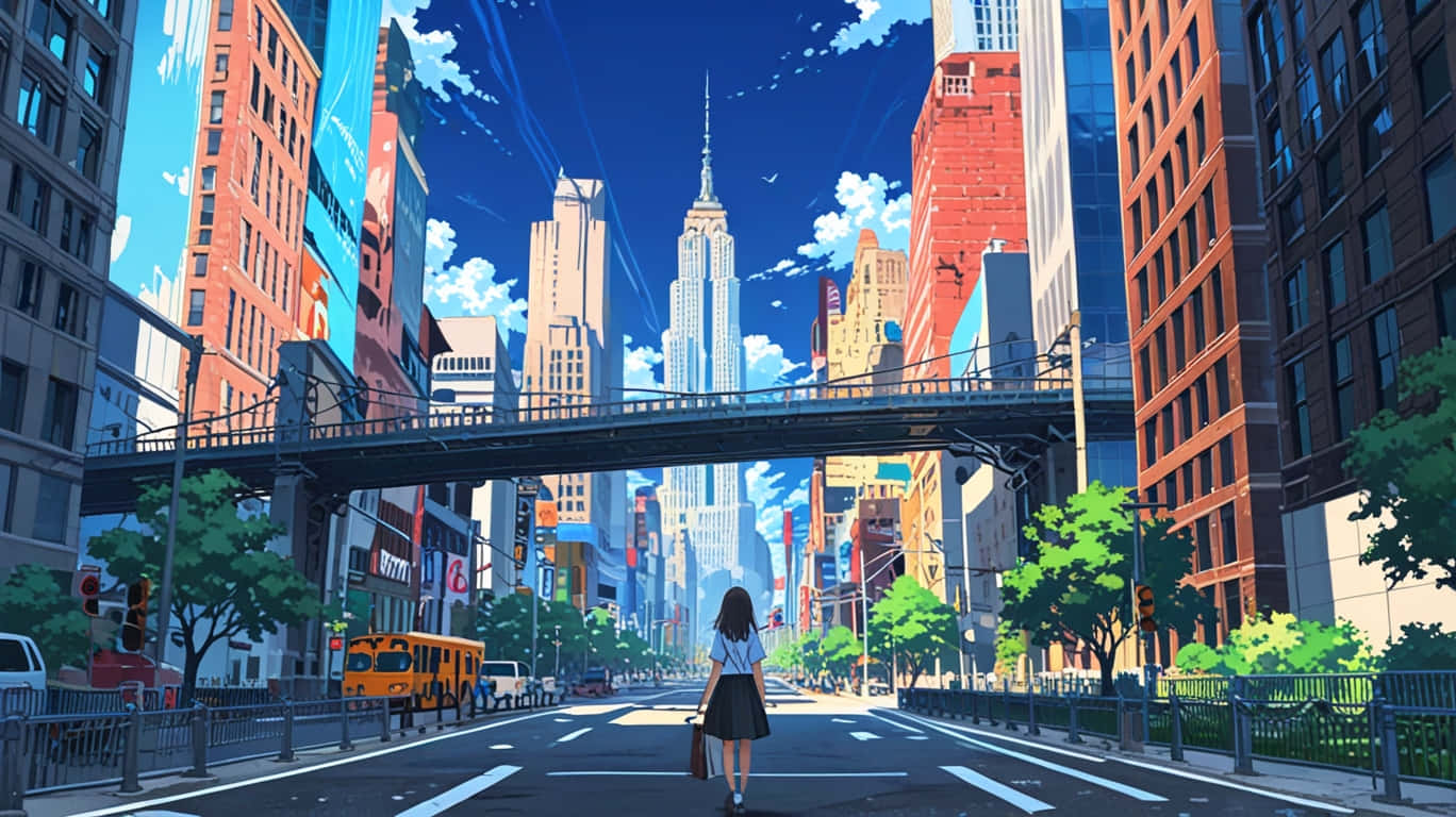 Metro City Day Animated 壁紙 — 一個孤獨的女孩在陽光明媚的城市街道上行走，兩旁是高聳的建築物和綠樹，頭頂是明亮的藍天。