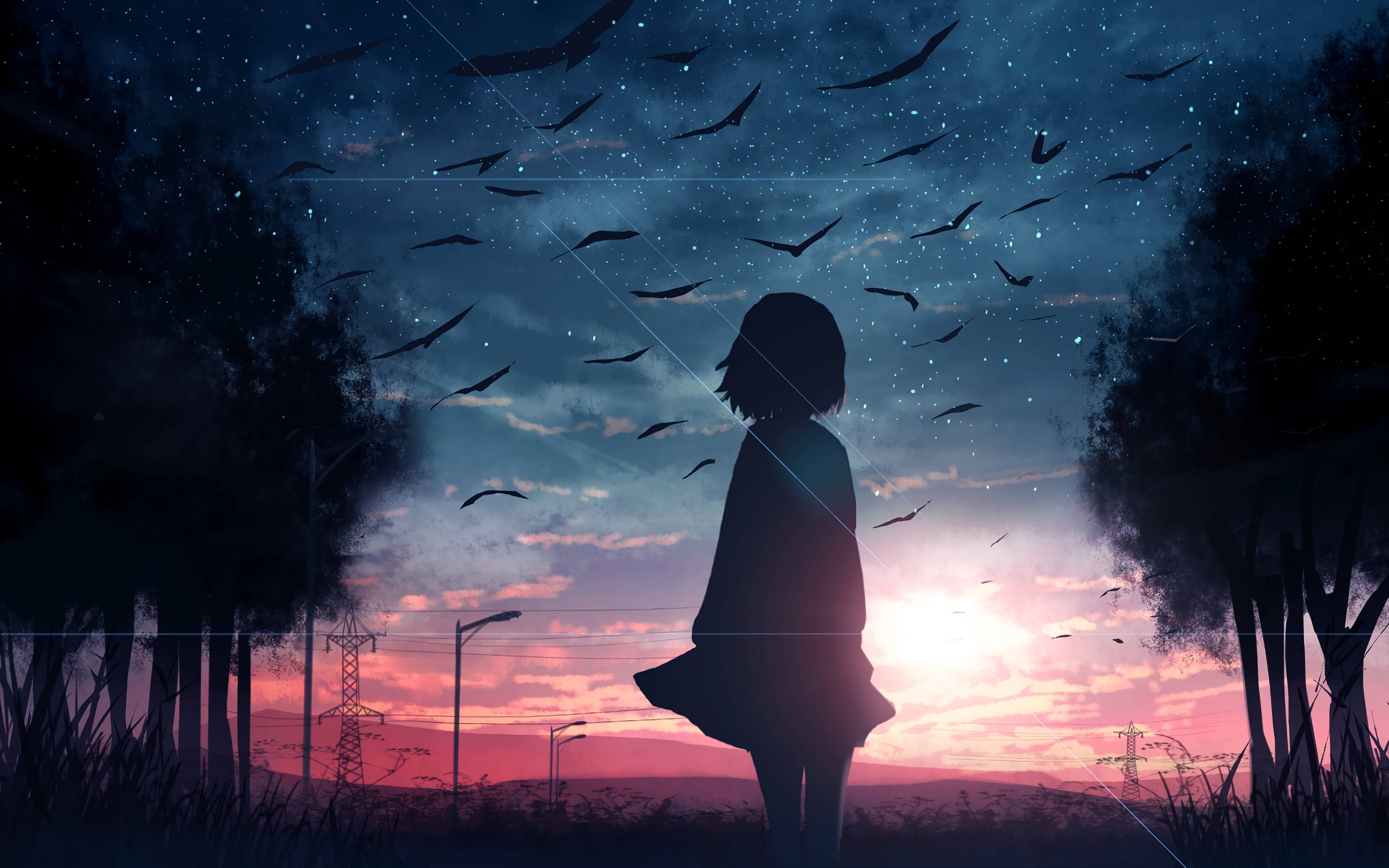 動畫女孩 桌布 壁紙 — 一個孤獨的女孩在黃昏時分以剪影站立，鳥兒在帶有粉紅色和藍色色調的星空暮色天空中飛翔。