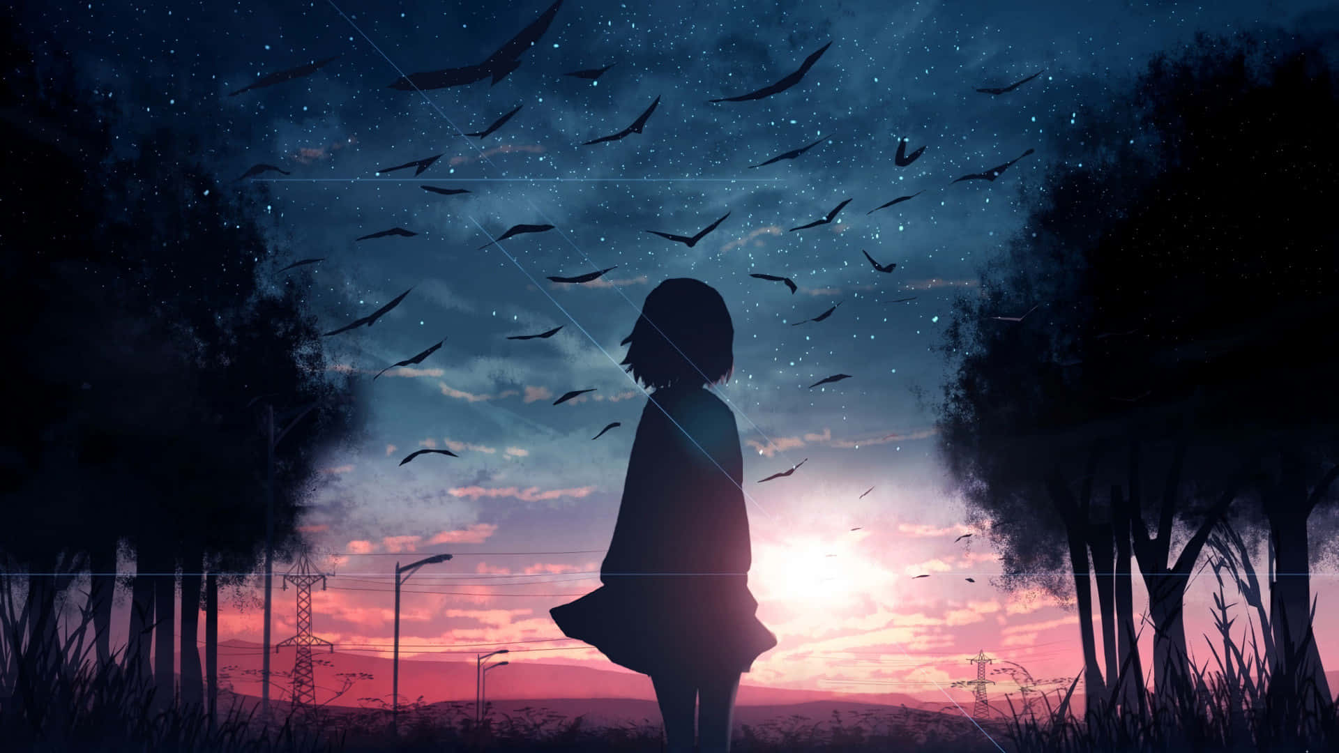 Beautiful Anime 桌布 壁紙 — 一個孤獨的女孩在黃昏時分以剪影站立，鳥兒在樹木環繞的星空暮色中飛翔。