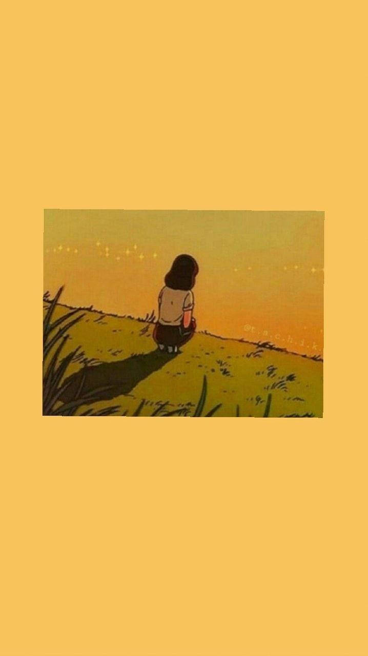 憂鬱少女美學 桌布 壁紙 — 一個孤獨的女孩坐在夕陽下的草地上，在溫暖的金色天空映襯下形成剪影，天空點綴著柔和的星星。