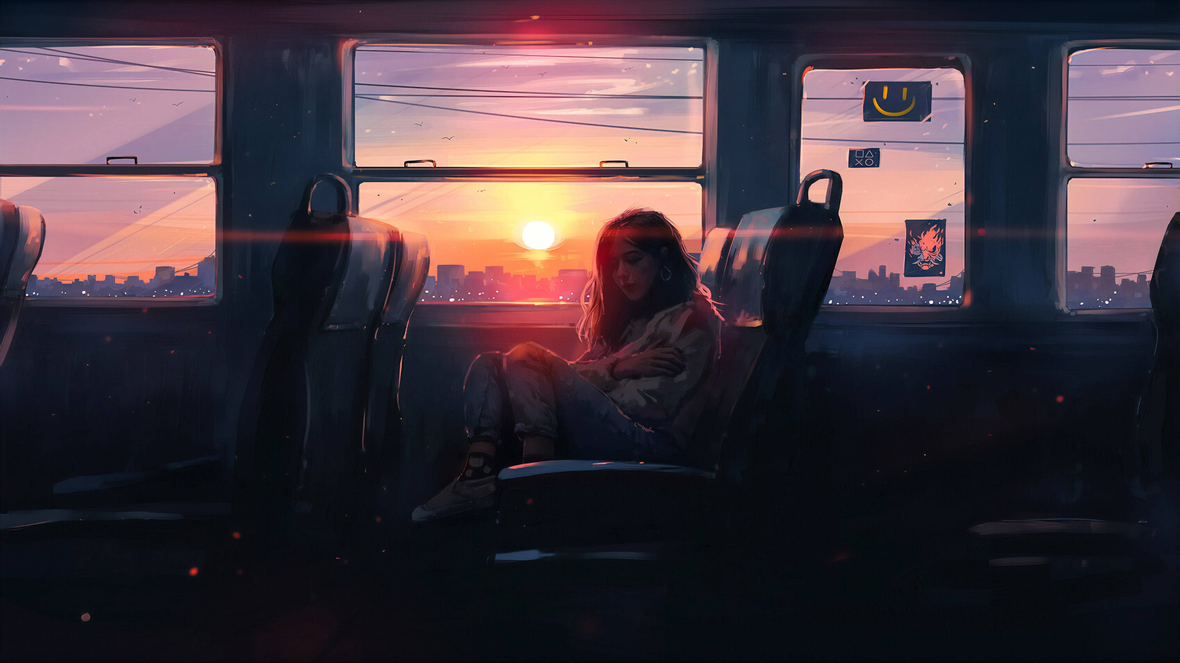 Alone 桌布 壁紙 — 一個孤獨的女孩坐在火車上，抱著自己，而充滿活力的夕陽透過窗戶將城市天際線染上溫暖的色調。