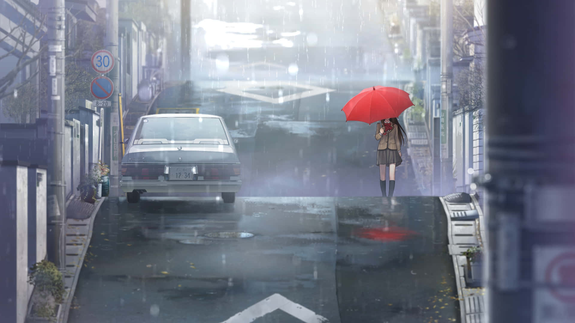 動漫女孩 桌布 壁紙 — 一個孤獨的女孩撐著紅傘走在雨中的城市街道上，一輛復古汽車在迷霧的背景中駛過。
