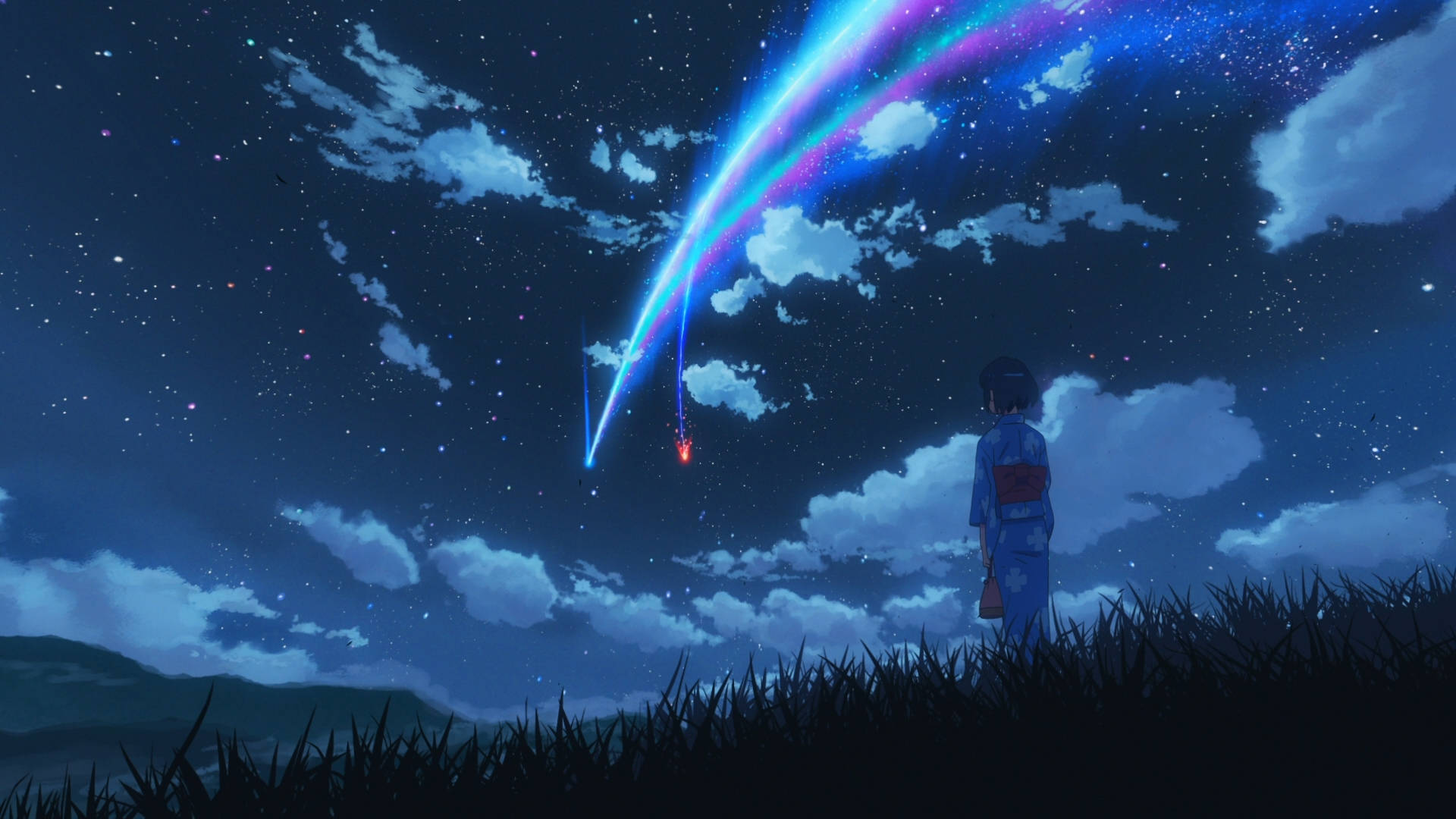 穿著和服的女孩在星空夜空中觀看一顆色彩繽紛的流星。 — 動畫風景 壁紙
