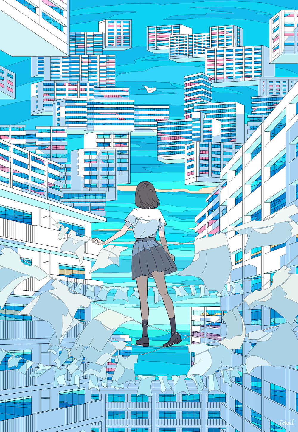 Chill Anime Phone 桌布 壁紙 — 一個孤獨的女孩穿著校服，站在一個漂浮的平台上，周圍是藍白相間的建築，構成超現實的城市景觀，天空明亮。