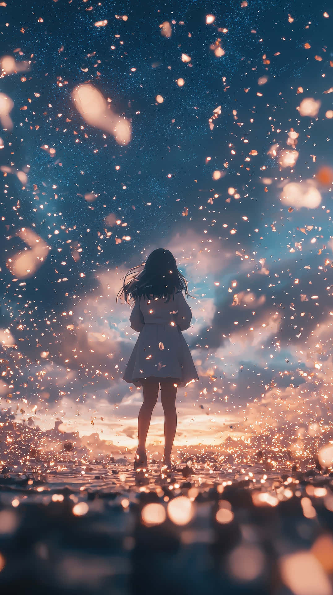 Girl standing in magical glowing petals at dusk 壁紙 — 一個孤獨的女孩穿著白色外套站在濕漉漉的海岸上，金色的火花在暮色天空中如雨般落下。